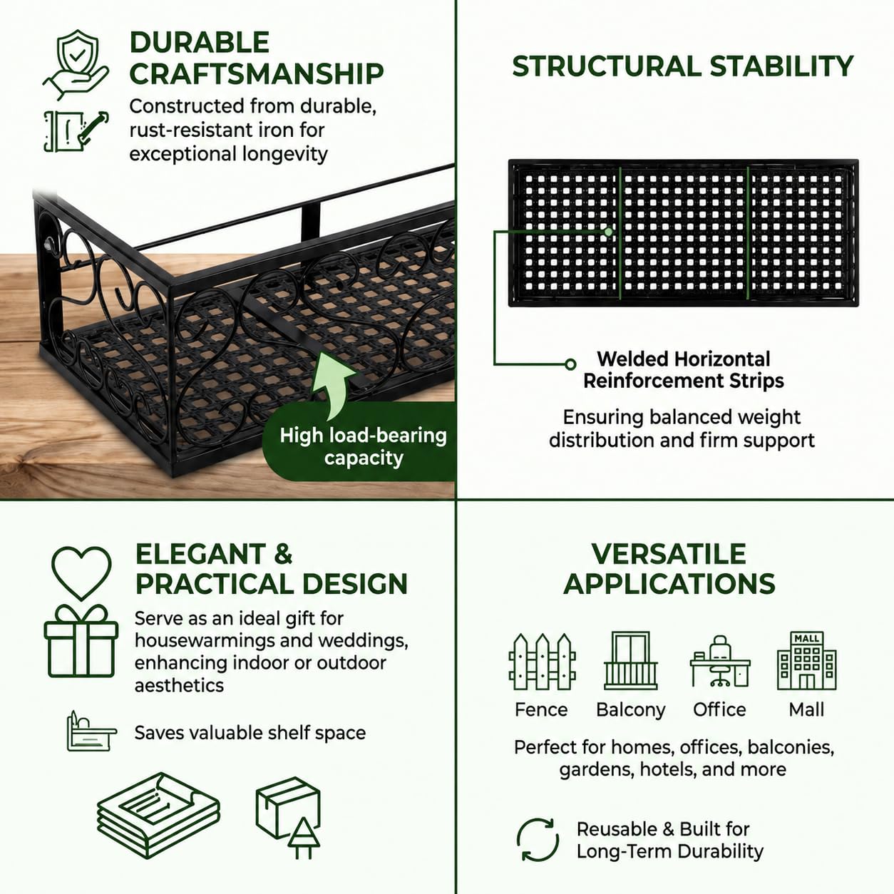 Support Pot de Fleurs, Pots Suspendus Balcon Stockage de Plantes Fer avec Crochet Amovible pour Clôture, Jardin, Mur Décor
