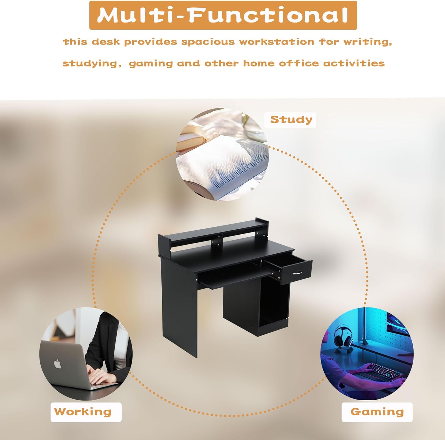 Home Office Computer Desk, 43" PC Desk with Drawers and Pull-Out Keyboard Tray, Modern Studying Writing Table with Hutch and Storage Shelves, Black