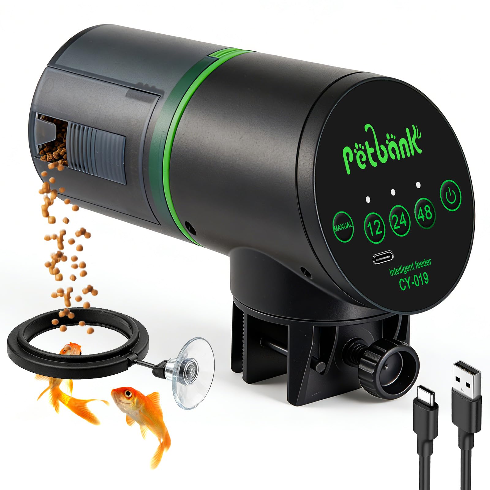 Petbank Mangiatoia Automatica Acquario - Mangiatoia Pesci Intervallo di alimentazione del pesce facile da impostare 12/24/48 ore con Cavo di USB Charger, Dispenser Cibo Pesci Automatico, Nero