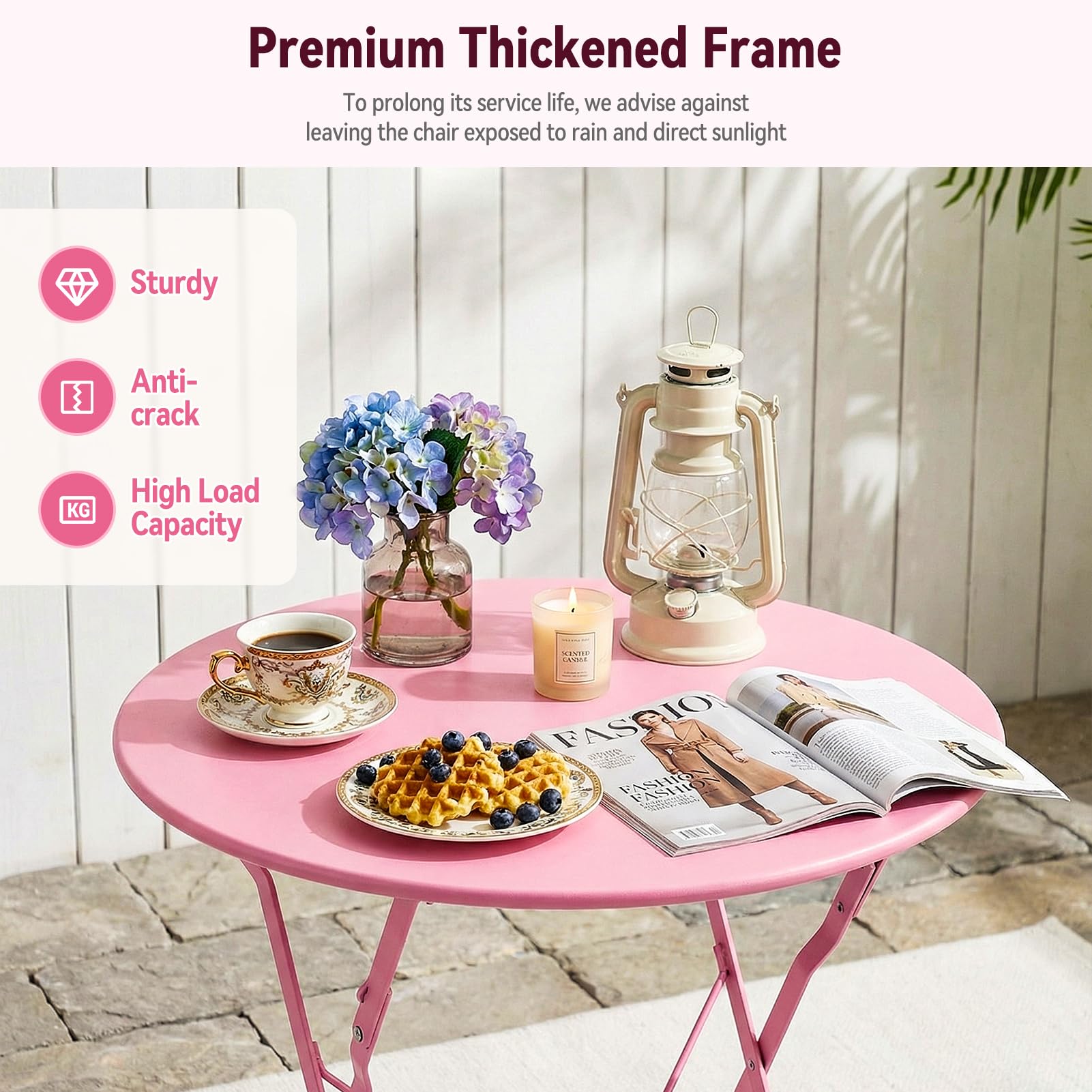 Warmiehomy 3 Piece Folding Bistro Set, Metal Outdoor Table and Chairs Set 2 with Anti-Slip Feet, Space Saving Conversation Patio Furniture for Balcony, Garden, Yard, Lawn, Café, No Assembly, Pink — view 5