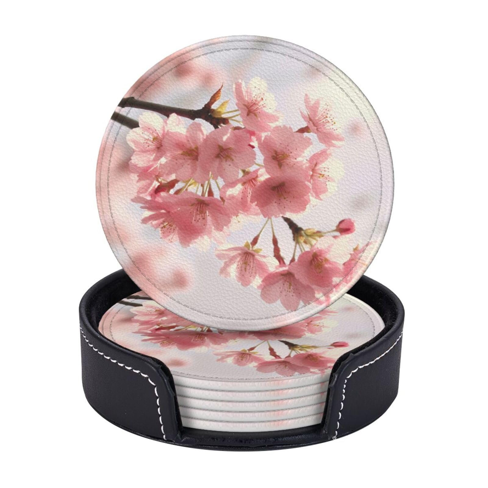Round Coasters for Drinks Set of 6 - PU Leather Coasters with Holder - Modern Drink Coasters for Coffee Table - Cherry Blossom Coaster for Tabletop Protection 4" Cup Mat Pad
