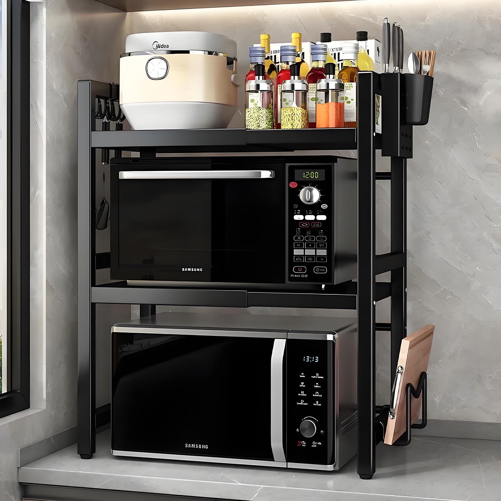 Verstellbares Mikrowellenregal, 3-Stufig Erweiterbares Küchen Mikrowelle Ständer Regal, Mikrowellenhalter aus Kohlenstoffstahl, Küchenaufbewahrung Organizer mit 6 Haken, Schwarz