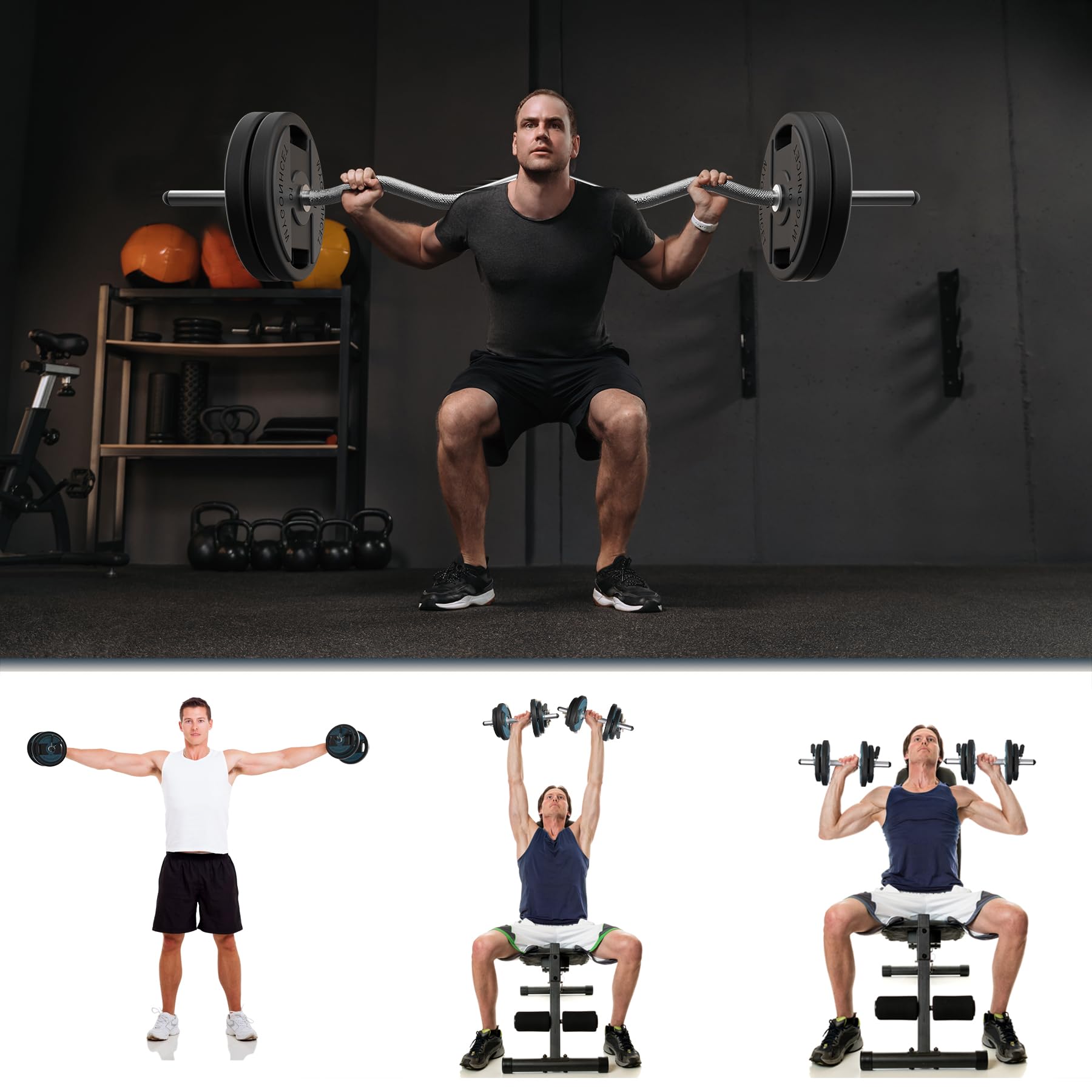 WINNOW Curl Bar EZ Bars Kit Barres d'haltères et poignées d'haltères pour haltérophilie et powerlifting Barres d'entraînement de force Barre d'haltères pour poussées de hanches, squats et fentes pour