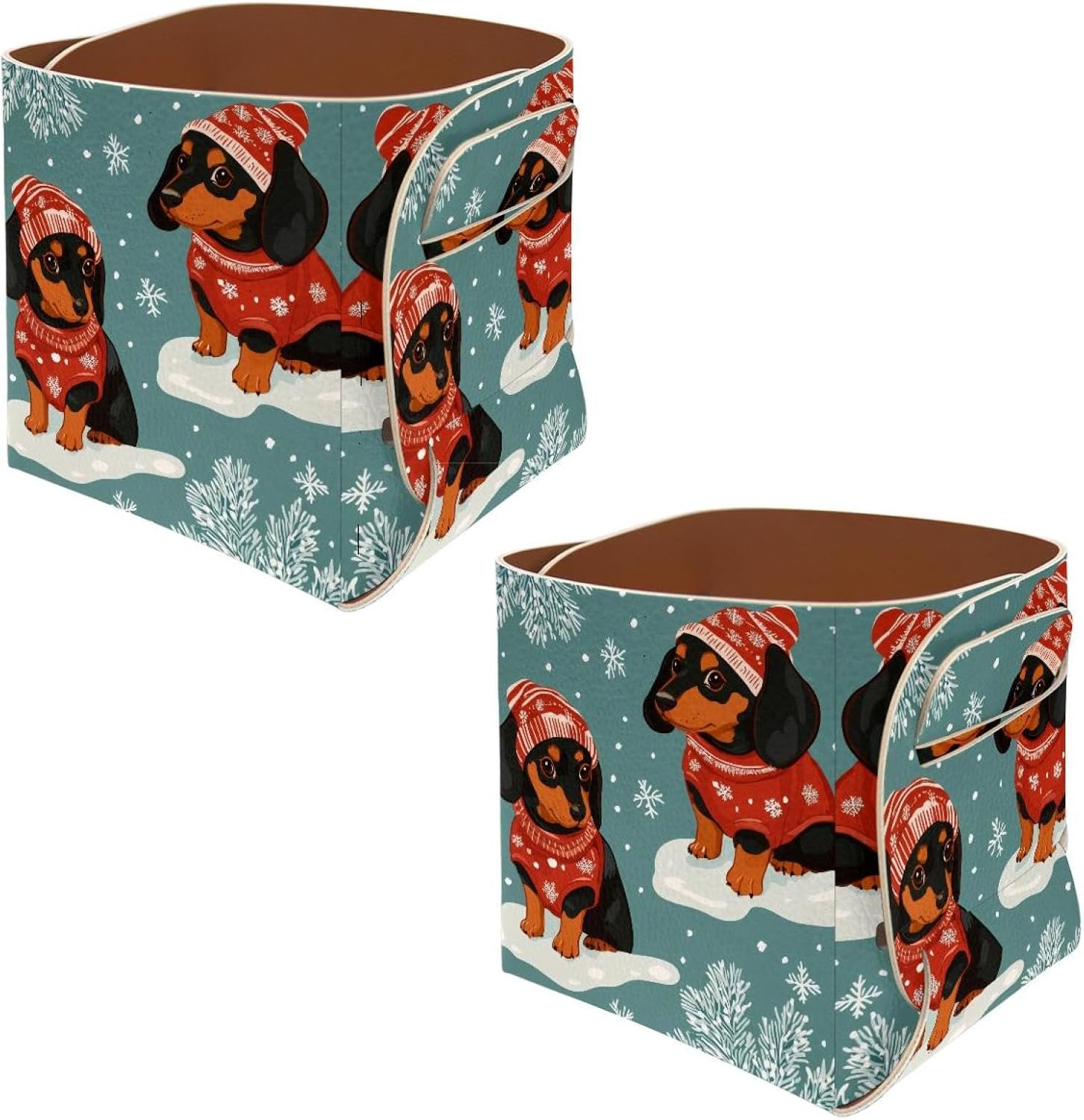 Collapsible Leather Storage Box Organizer, Cute Dachshund Puppy in Winter Costume Home Office Desk Pencil Holder Makeup Brushes Holder for Women Men