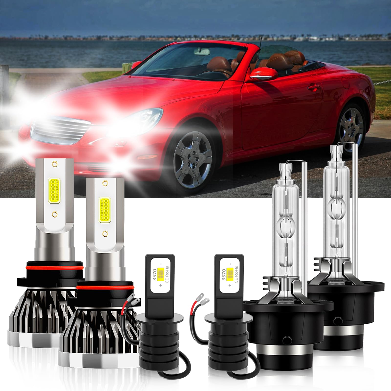 TXBILMOO Compatible For Lexus SC430 2002-2005 9005 D2S High/Low Beam H3 Fog Light Bulbs, 600% Brightness 6500K White, Plug and Play, IP68 Pack of 6