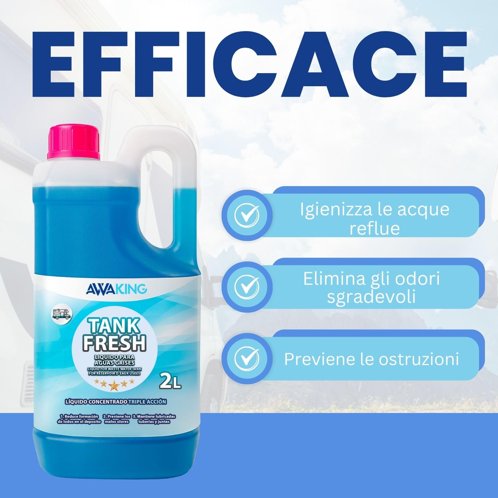 Liquido per camper Tank Fresh 2L AWAKING, liquido additivo acque grigie, scarichi, docce, camper, camper, evitare cattivi odori, biodegradabile, aromatizzante, altamente efficace