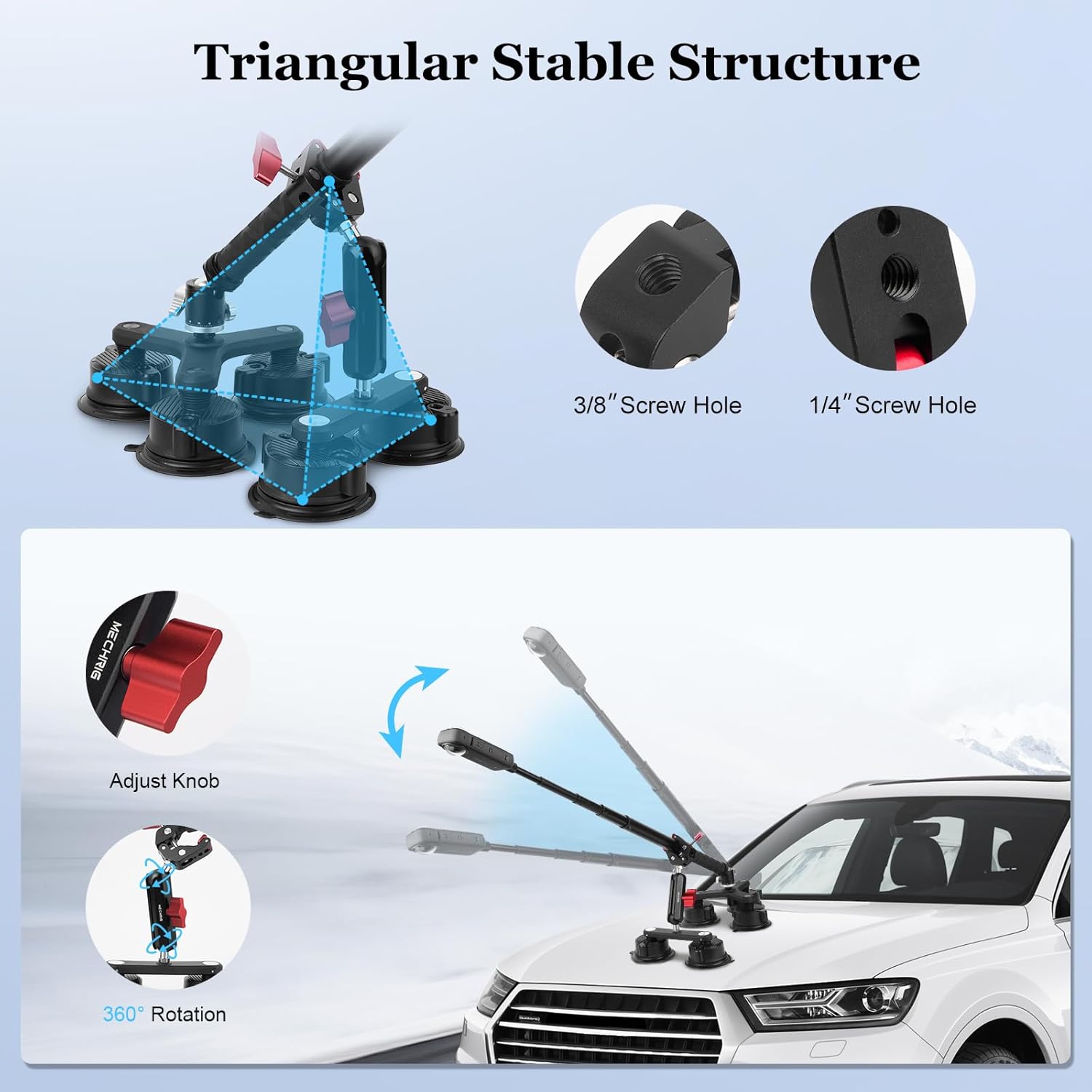 Suction Car Mount for G0pro,5-in 1 Versatile Camera Suction Cup Car Mount Kit with 360° Magic Arm & Extension Pole & Super Clamp, Quick Release Vehicle Camera Holder for Windshield,JC021