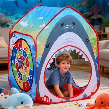 Shark Kid Play Tent Pop up Tent Play Tunnel Indoor and Outdoor Playhouse for Kid Beanbag Toss Game for Team Competition for boy with Tote BagShark