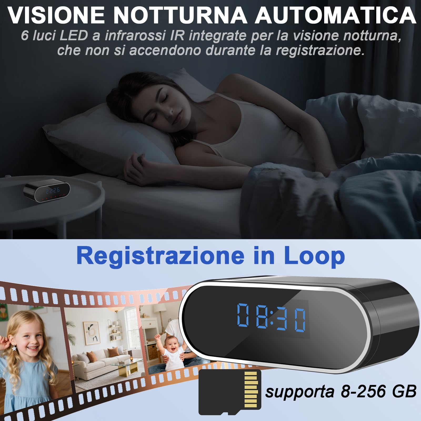Telecamera Spia WiFi 5G, Mini Telecamera Nascosta WiFi, Telecamera Spia | Telecamera Nascosta 2 in 1 con Orologio, WiFi 2,4 e 5G, Visualizzazione Tramite APP per la Sicurezza Domestica