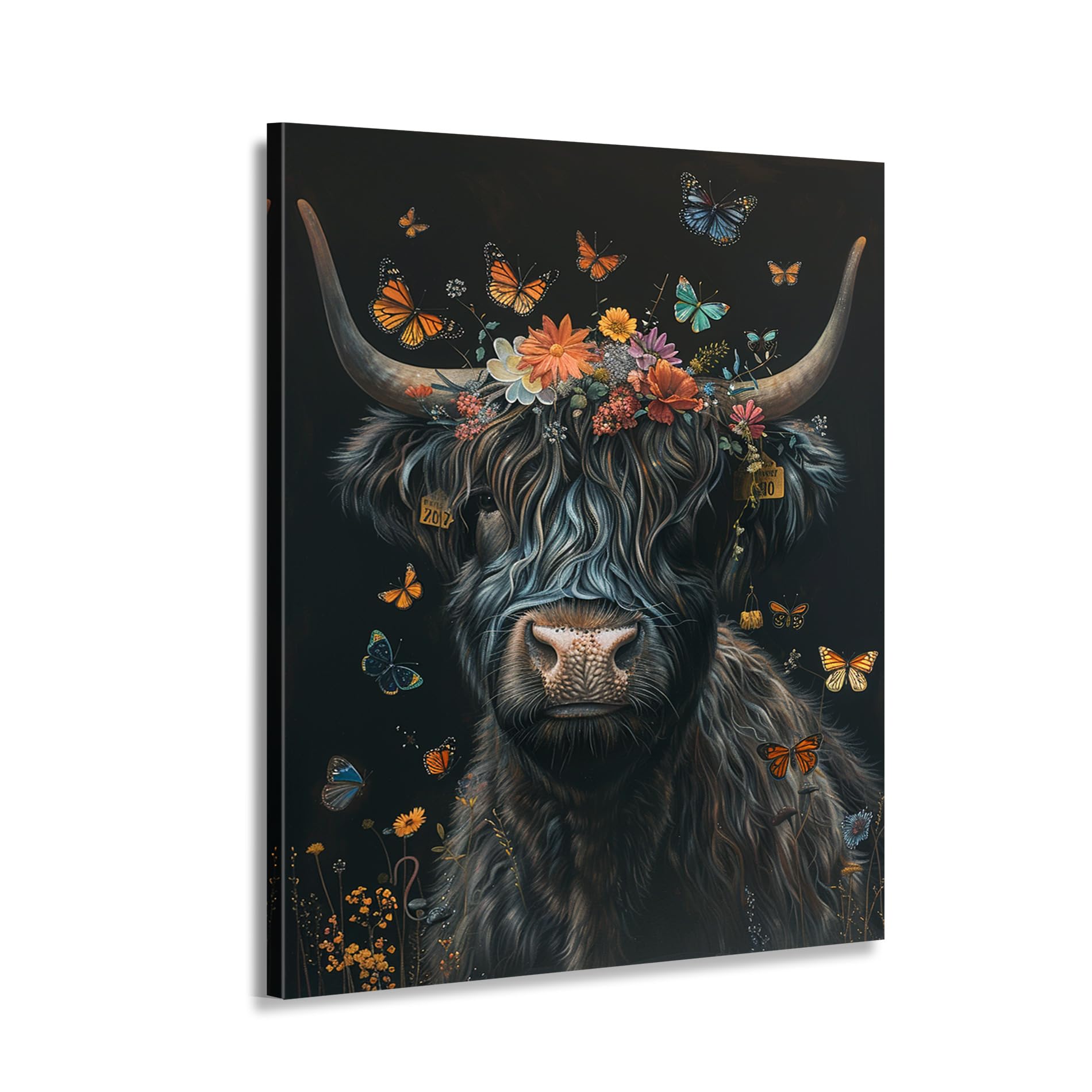 Cuadro de vaca de las tierras altas con mariposas que llena de paz tu hogar 8