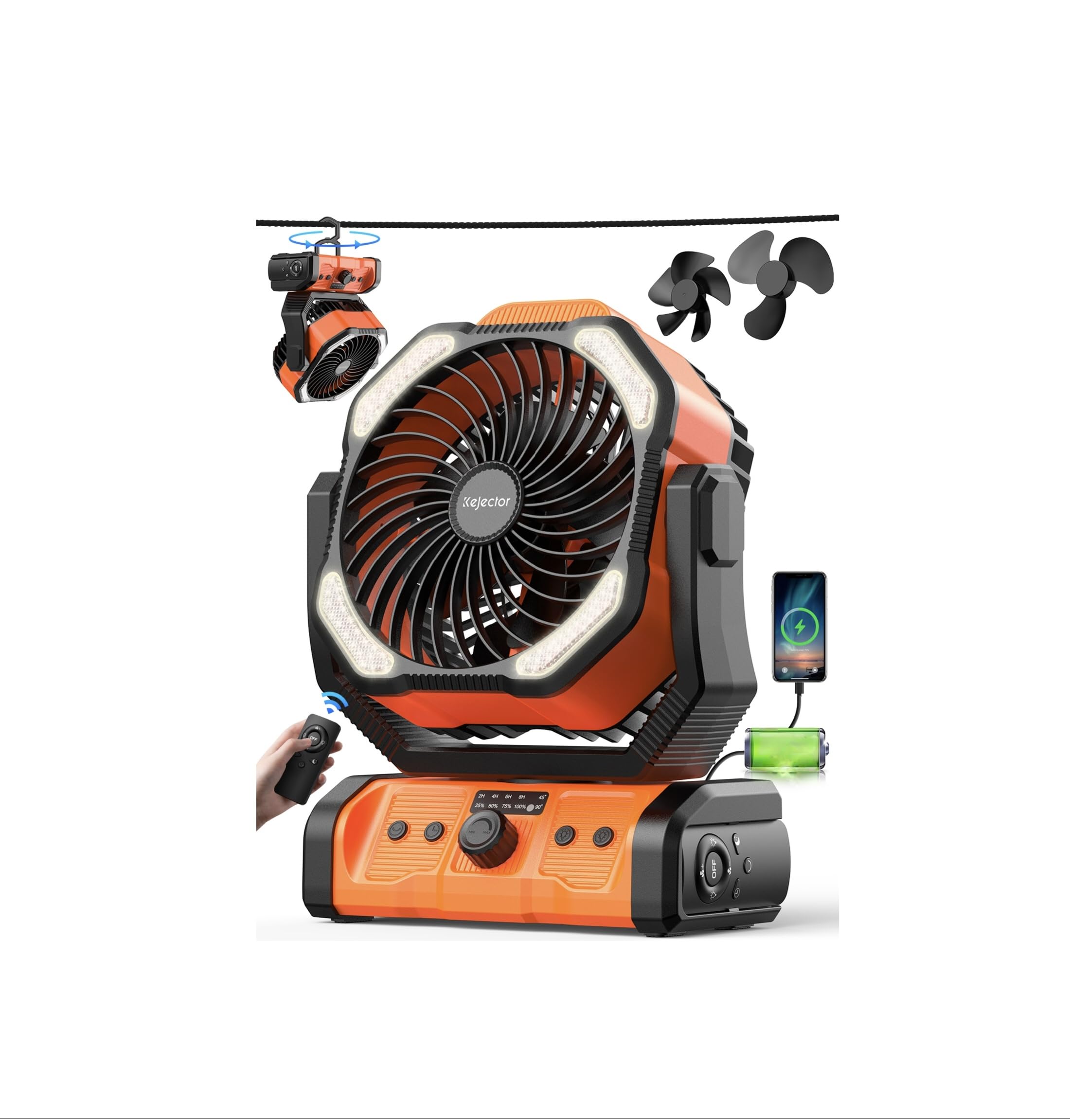 kejector Portable Camping Fan Rechargeable - 23000mAh 3-in-1 Cordless Desk Fan with LED Lantern, Remote Control, USB C, Auto Oscillating Fan for Tents, Travel, BBQ, Fishing, Jobsite, Home, Office-image-3
