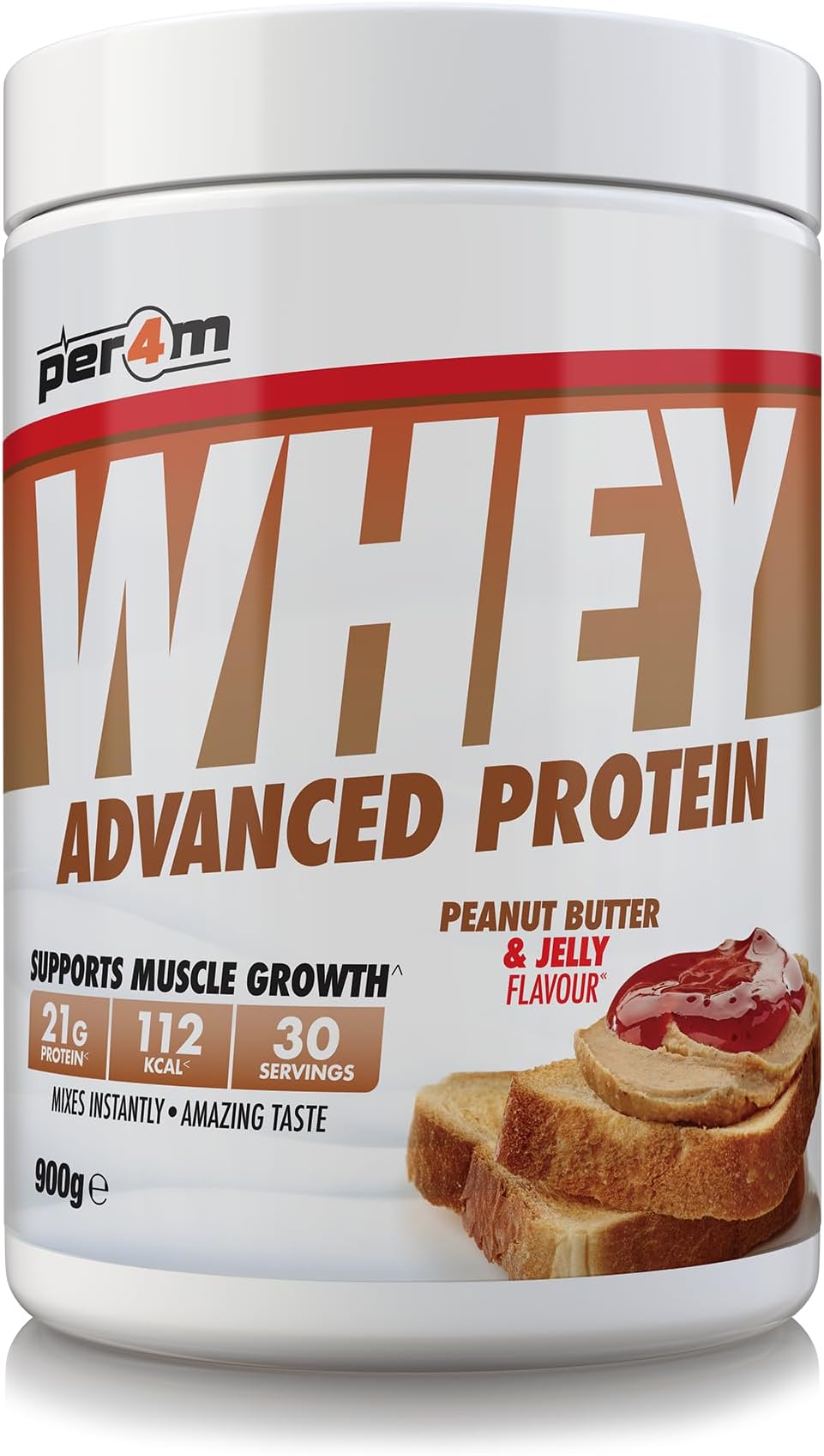 Per4m Whey Protein Powder | High Protein Shake for Muscle Growth & Recovery | Low Sugar Gym Supplement | Sports Nutrition Drink + Amino Acids (900g, Peanut Butter & Jelly)