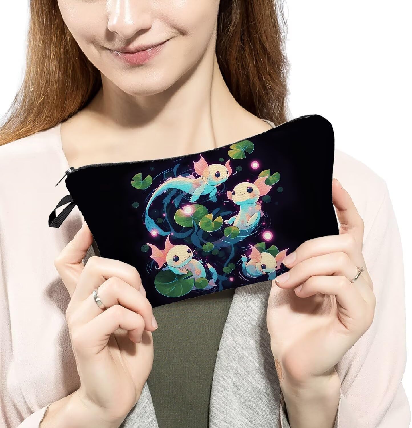 Cartoon Axolotls Makeup Bag Cute Small Organizer Zipper Pouch Cartoon Axolotls Cosmetic Bag Birthday Present for Women Friends -1 - Image 3