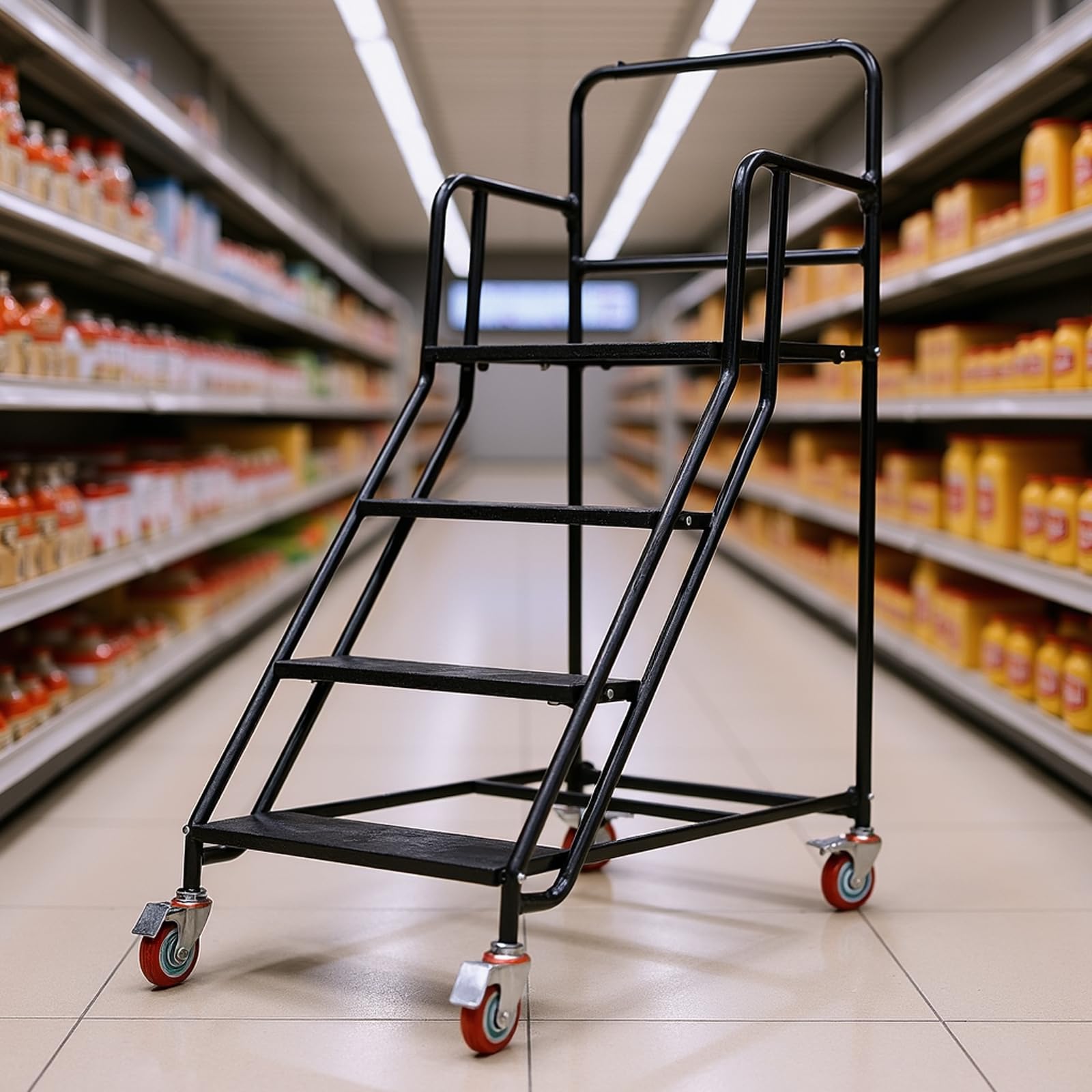 Escalera rodante de 4 peldaños con ruedas, escaleras móviles antideslizantes para almacén, garaje, biblioteca, uso industrial