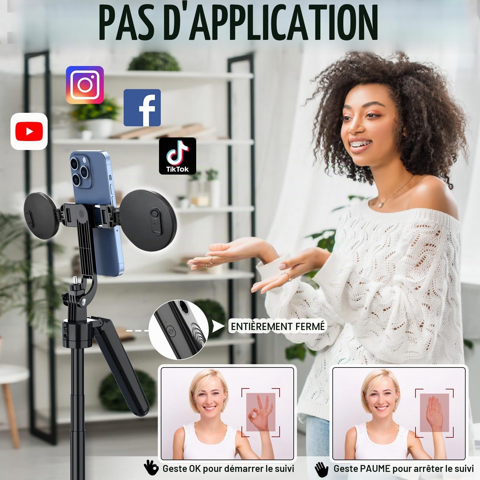 Automatique Visage Suivi Trépied avec Lumière, Rotation à 360 ° Trepied Smartphone 180cm，Trépied pour Téléphone, Compatible avec iPhone et Android, pour Les Voyages,Enregistrement Vidéo