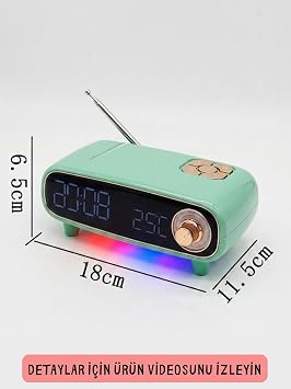 DX-98 Retro Bluetooth Hoparlör FM Radyo Dijital Çalar Saat (Yeşil) | RGB Ambiyans Işığı, Termometre Özellikli, Bluetooth 5.0, Çift Alarm, 18x11.5x6.5 cm
