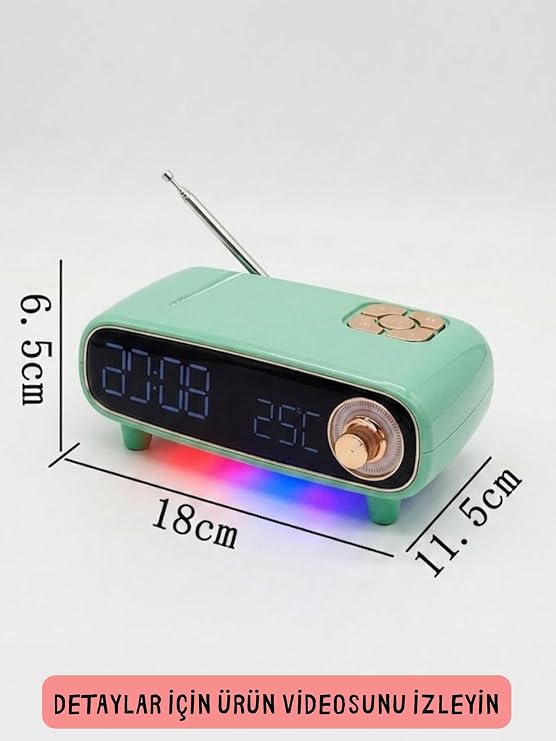 DX-98 Retro Bluetooth Hoparlör FM Radyo Dijital Çalar Saat (Yeşil) | RGB Ambiyans Işığı, Termometre Özellikli, Bluetooth 5.0, Çift Alarm, 18x11.5x6.5 cm