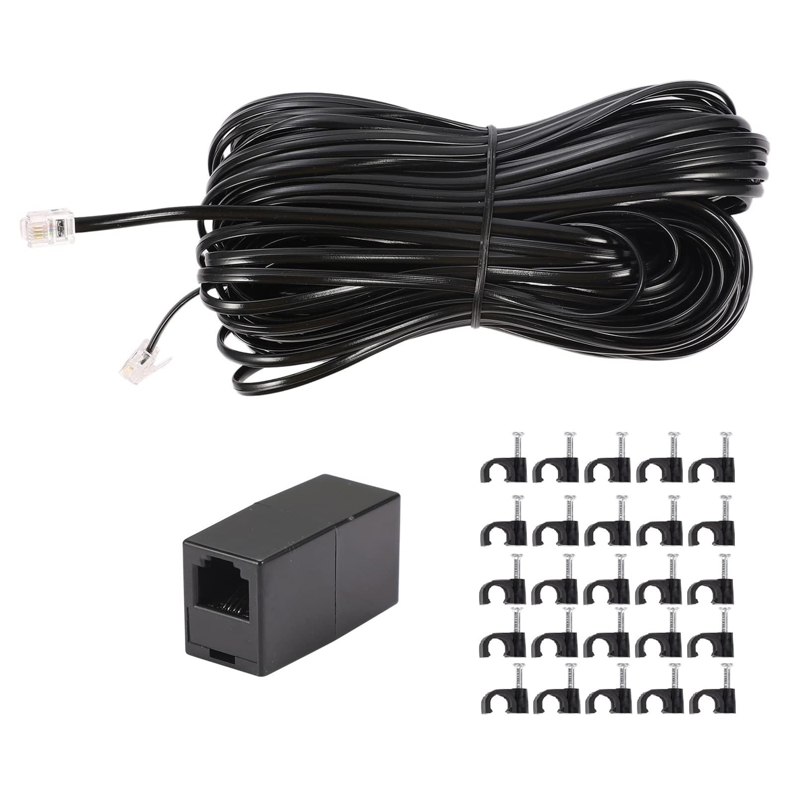 Vthahaby 100 FT Telephone Extension Cord Phone Cable Line Wire,Black, with Standard RJ11 Plug and 1 in-Line Couplers and 15 Cable Clip Screw for