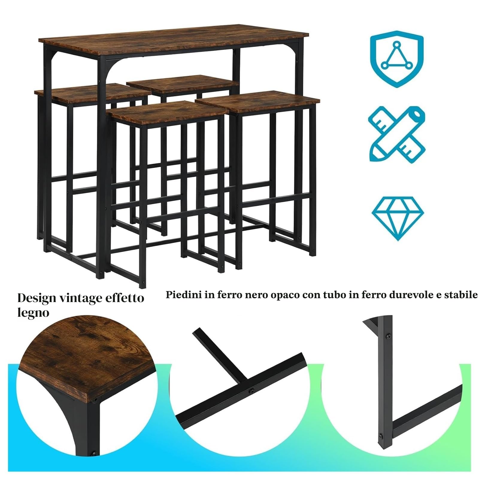 Tavolo Bar con 4 Sgabelli, Set Tavolo Cucina Penisola Vintage (100x50x90cm) - MDF+Ferro Robusto, Sedia con Poggiapiedi Anti-Graffio, Adatto per Sala da Pranzo Balcone Bistrot (Marrone Retrò)
