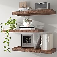 Vista 23 de Estantes flotantes de pared de madera maciza, almacenamiento para dormitorio, sala de estar, juego de 3, estantes de pared negros rústicos
