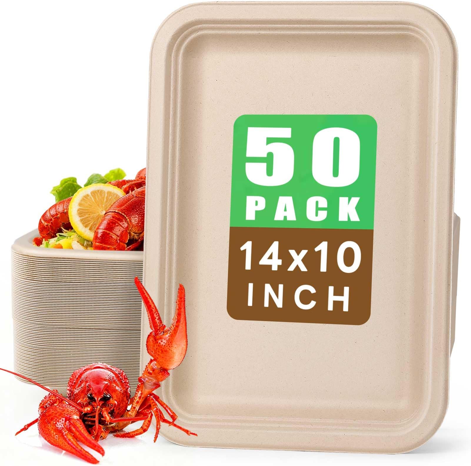 Gezond 50 Pack 14 Inch Disposable Food Trays Eco-friendly Heavy-Duty Large Paper Plates Compostable Sugarcane Platters for Crawfish Lobster Seafood Party Natural