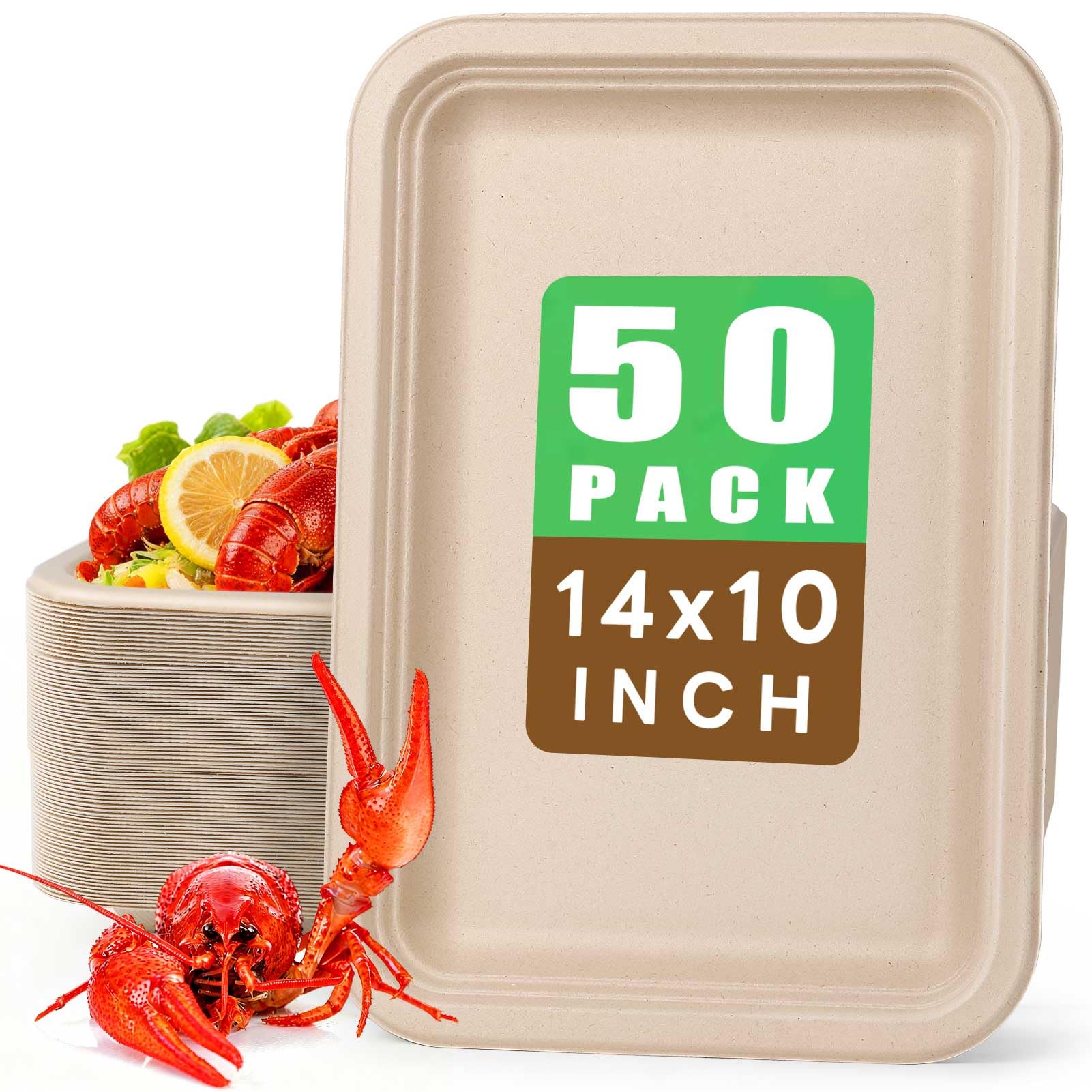 Gezond 50 Pack 14 Inch Disposable Food Trays Eco-friendly Heavy-Duty Large Paper Plates Compostable Sugarcane Platters for Crawfish Lobster Seafood Party Natural
