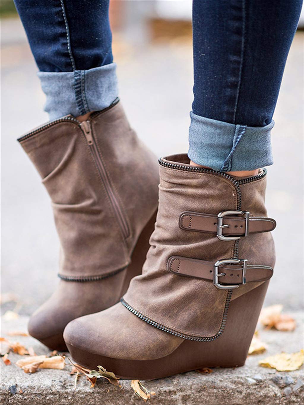 UMore Botines Elegantes de Tacón y Hebilla Decorativa Mujer Otoño Invierno Calentar Piel Forro Botines Retro Cordones Mujer Botas Zapatos de Plataforma