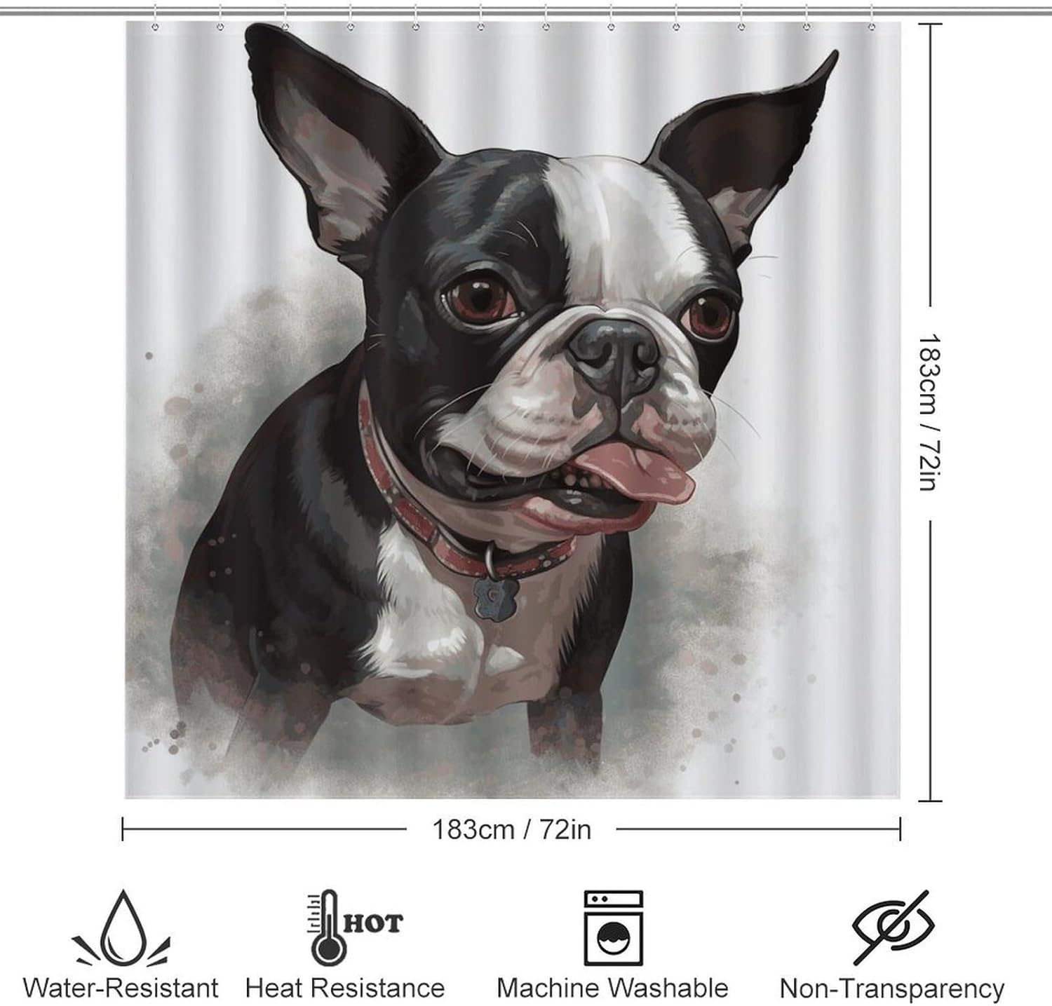 Boston Terrier Shower Curtain Set 4 Piece, Non-Slip Bath Mat with Toilet Lid Cover and Waterproof Shower Curtain with 12 Hooks, Complete Bathroom Set for Home Decor