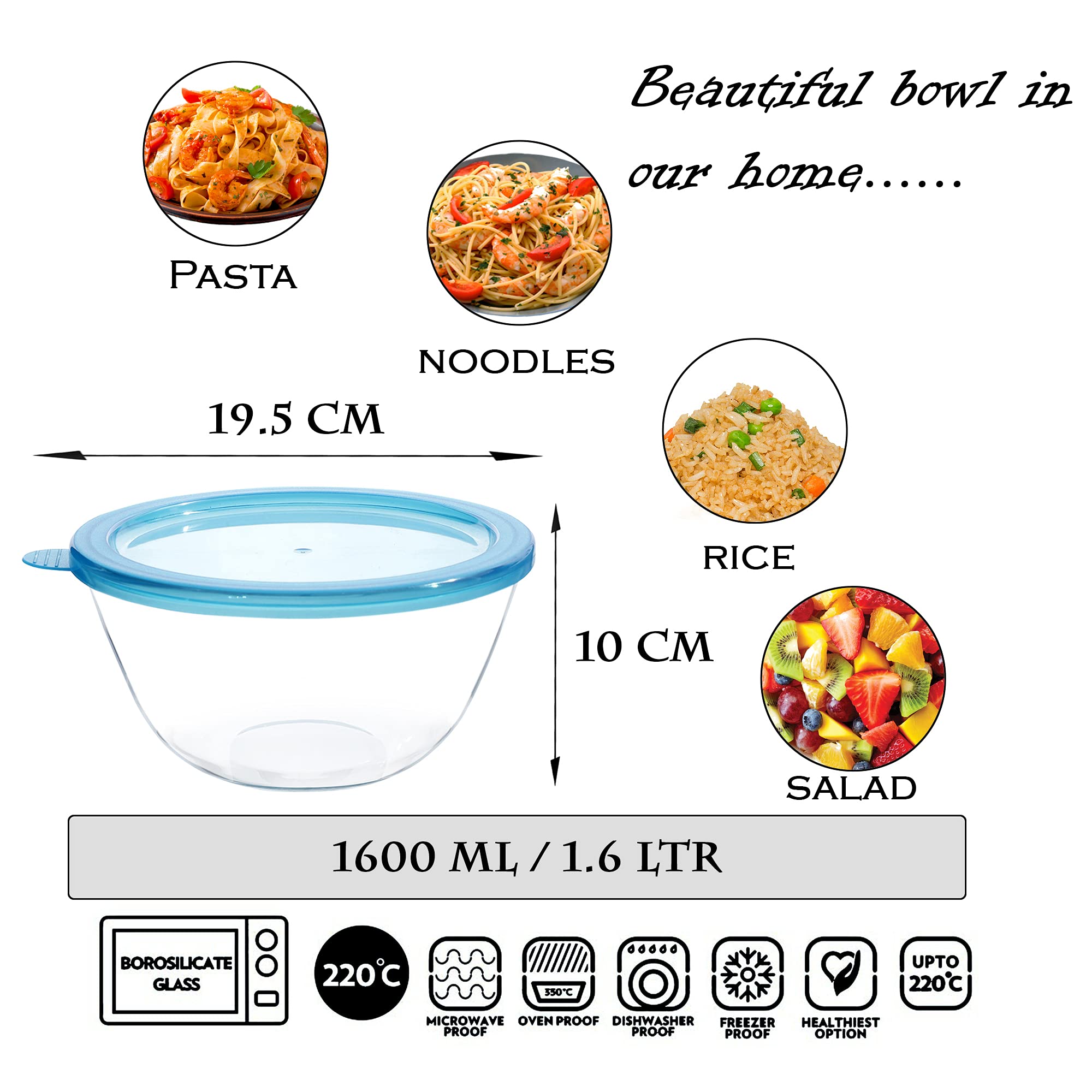 Cutting EDGE Regalia Set of 2 (1100ml + 1600ml) Round Glass Mixing & Serving Bowl, With Lid, Freezer & Dishwasher Safe, Ideal for Kitchen Storage 1