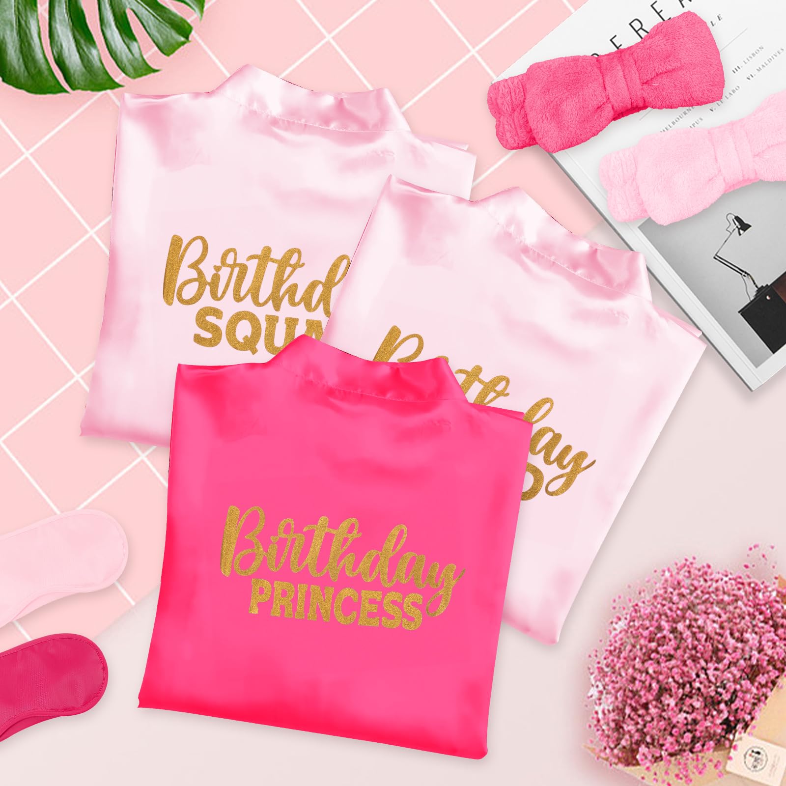 10 Stück Geburtstags-Roben-Set für Mädchen – Satin-Kimono mit Birthday Princess & Birthday Squad + 10 Stirnbänder + 10 Schlafmasken + 10 Geschenkbeutel – Größe 14