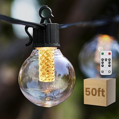 Tira de luces para exteriores para patio con control remoto, globo LED regulable de 50 pies, blanco cálido, impermeable, luces colgantes exteriores