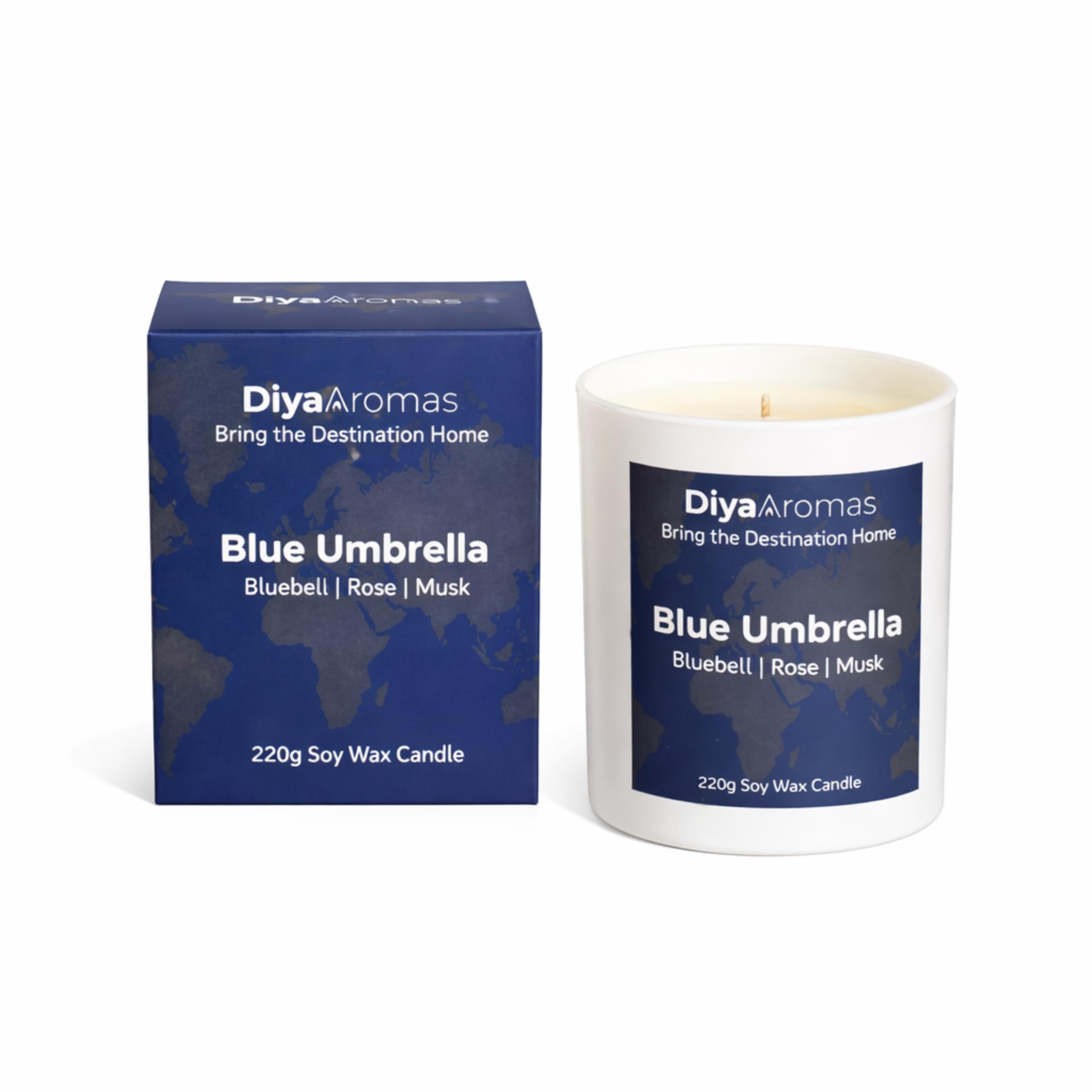 Diya Aromas White Luxury Scented Candle 220G – Blue Umbrella | Premium Floral Home Fragrance For Relaxation & Gifting | Bluebell, Rose & Jasmine, Soy Wax Candle, Elegant Home Ambience
