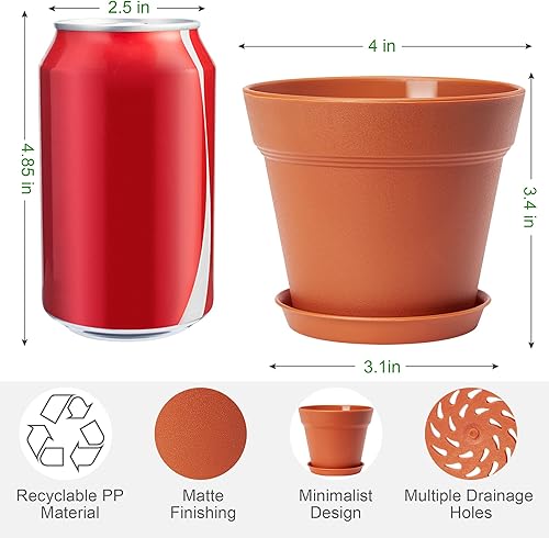 Miniatura 2 de Paquete de 16 macetas de plástico de terracota con agujeros de drenaje y bandeja, macetas de interior de 4 pulgadas de grosor, macetas de vivero