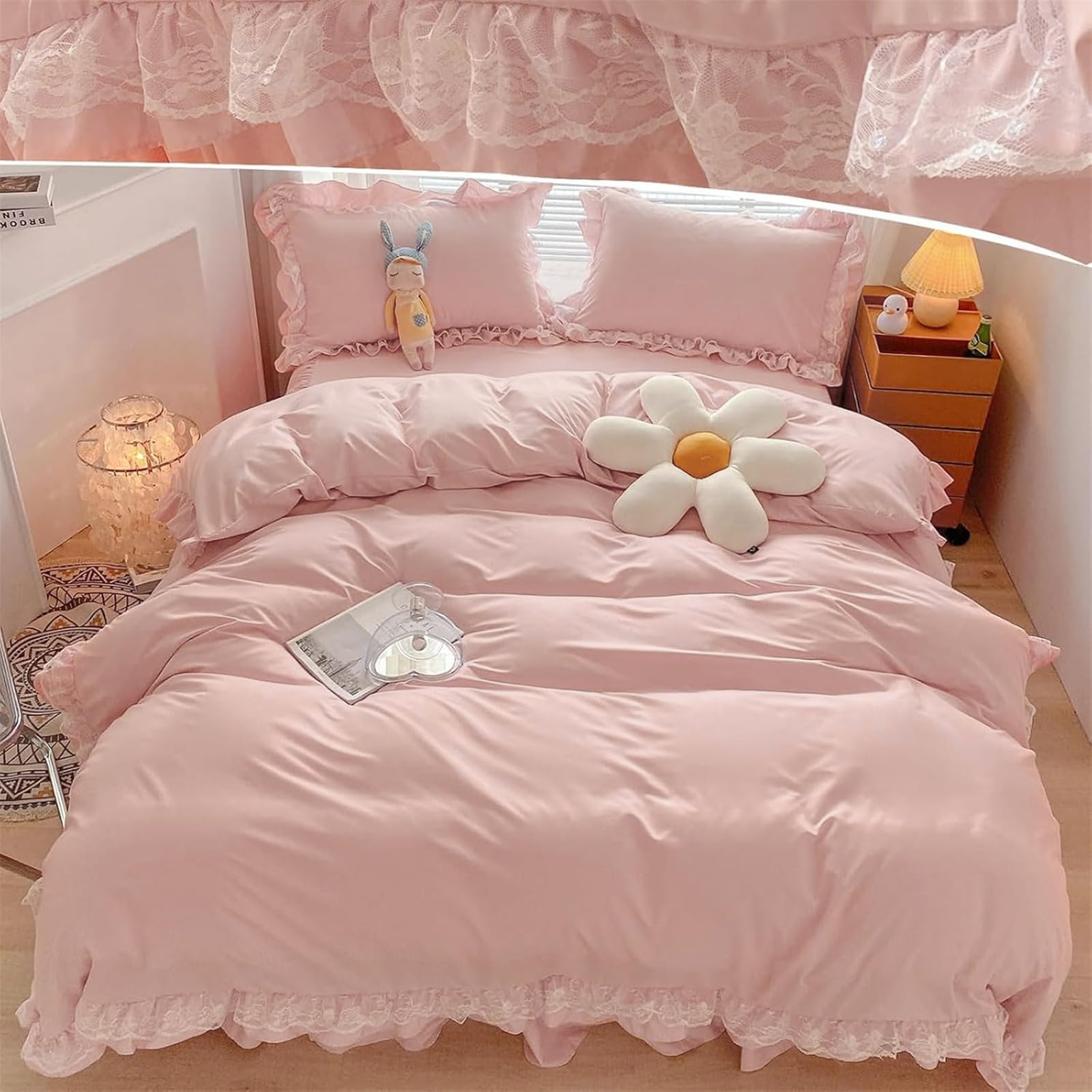 Pink Ruffled Duvet Cover Sets 3 Pieces Lace Bedding Set for Girls Women Soft Breathable Microfiber Duvet Cover King 220 x 230 cm — image 1