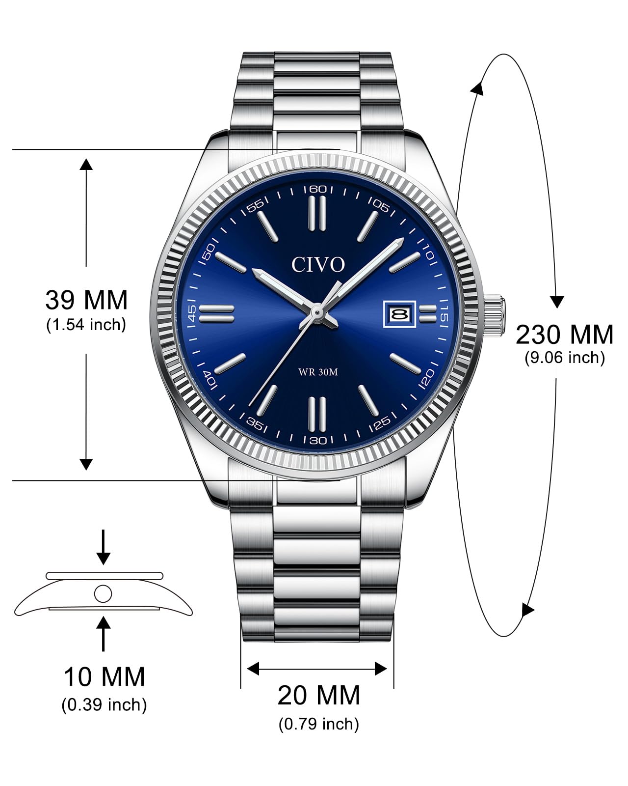 CIVO Montre Homme Business Analogique: Montre Quartz Etanche en Acier Inoxydable ou Cuir - Cadran Clair avec Aiguilles Lumineuses et Affichage Date pour Hommes d'affaires Professionnels