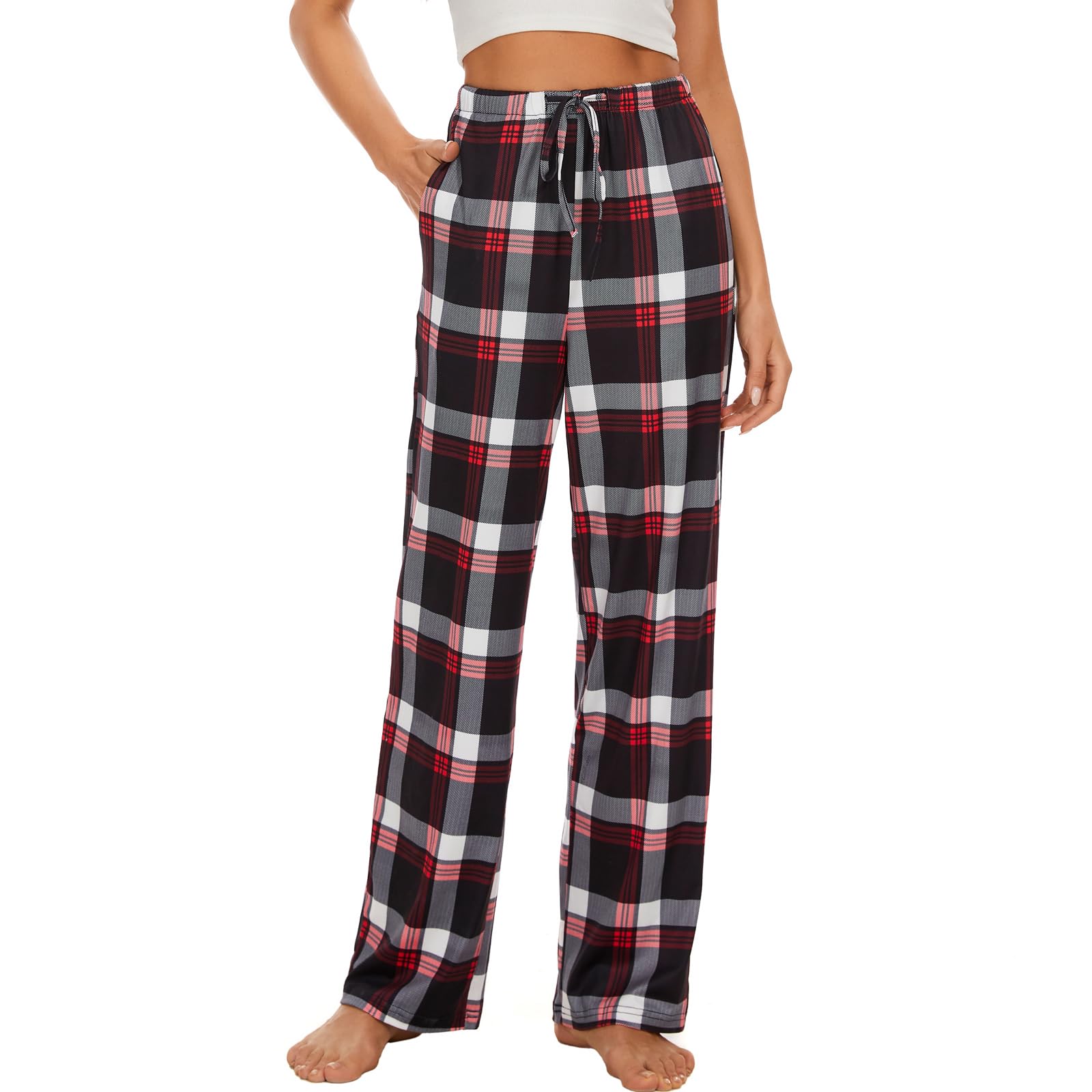 ccko Women’s Comfy Pajama Pants with Pockets, Stretch Drawstring Lounge Pants, Soft Casual Wide Leg Pjs Sleep Bottoms