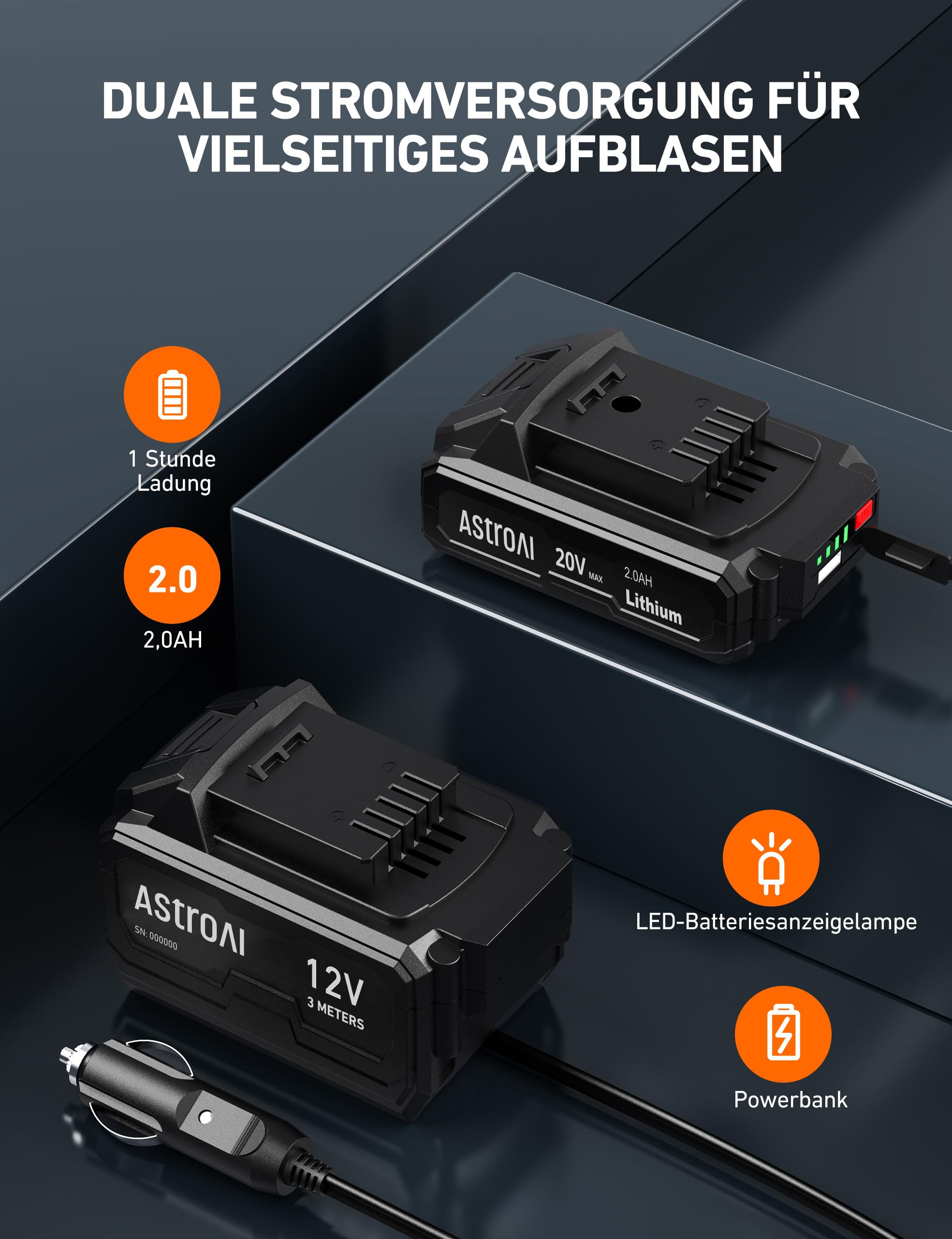 AstroAI Akku Kompressor, 160PSI Luftkompressor Auto mit 20V Akku & 12V DC | Akku Luftpumpe Auto mit Metallzylinder, Auto-Stopp, LCD-Display für Große PKW, SUV, MPV, Motorräder und Fahrräder