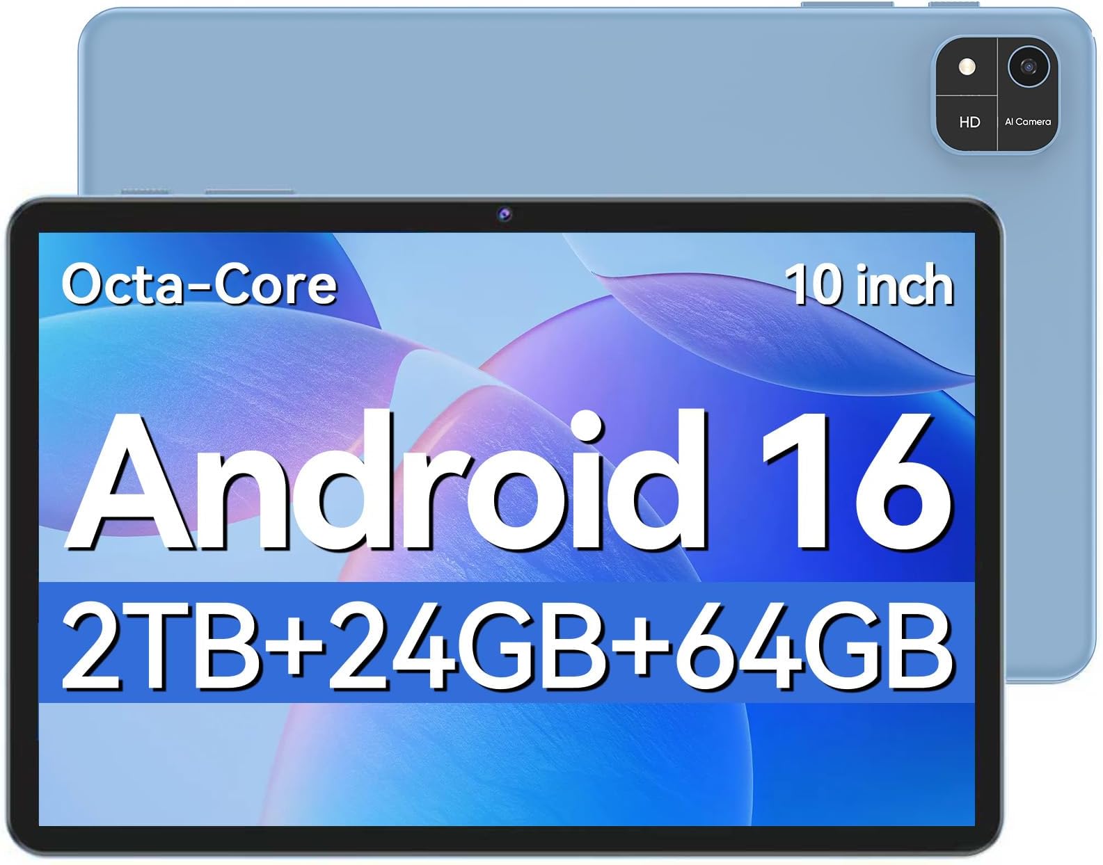 Tablet 10 Inch, Android 16 Tablets with Octa-Core Processor, 24GB RAM 64GB Storage 2TB Expandable, 1280x800 IPS HD Display, GPS, 5MP+8MP Dual Camera, 6000mAh Battery, Tablet with Case, Blue