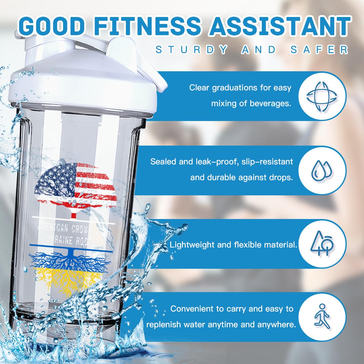 America Crown With Ukrainians Roots 18 Ounce Shaker Cup,Fashion Theme Pattern Shaker Bottle Leak-proof Workout Shake Bottles 500ML/18 oz Perfect for Pre Workout