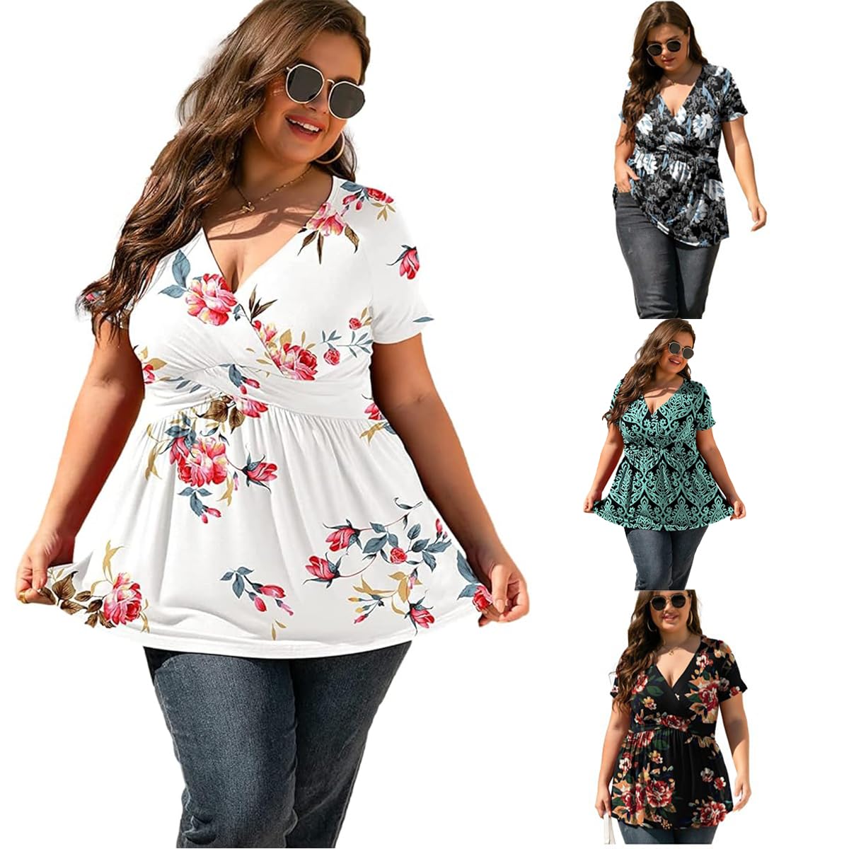 LIAMERHE Camiseta Manga Corta Mujer Verano Talla Grande Moda Camisa Blusa Cuello en V Tops Casual T-Shirt Elegantes