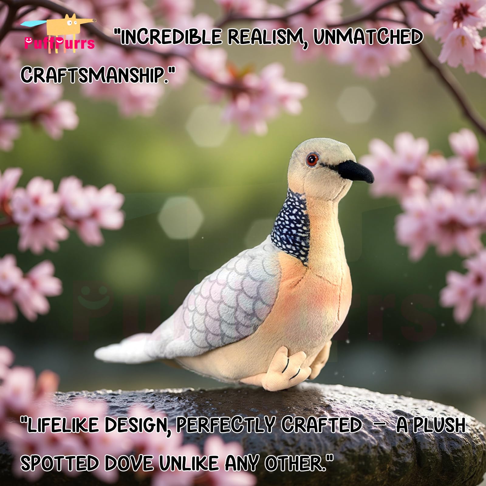 PuffPurrs Lifelike Spotted Dove Plush Toy, Cute Realistic Pearl-Necked Dove Teddy Stuffed Animal - Image 3