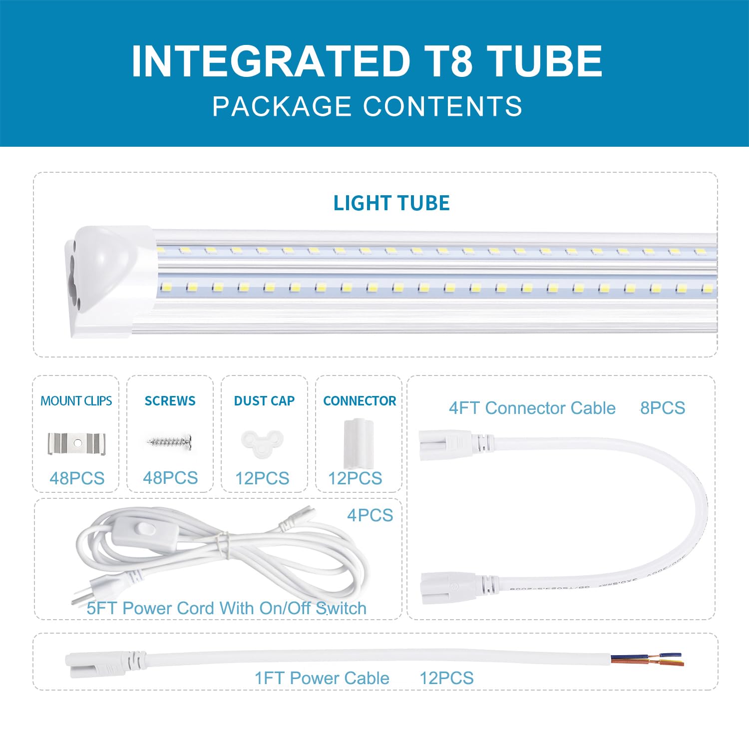 8FT LED Shop Light Fixture Integrate T8 Linkable Shop Lights Plug and Play 100W 6000K Fluorescent Tube Lamp — view 5