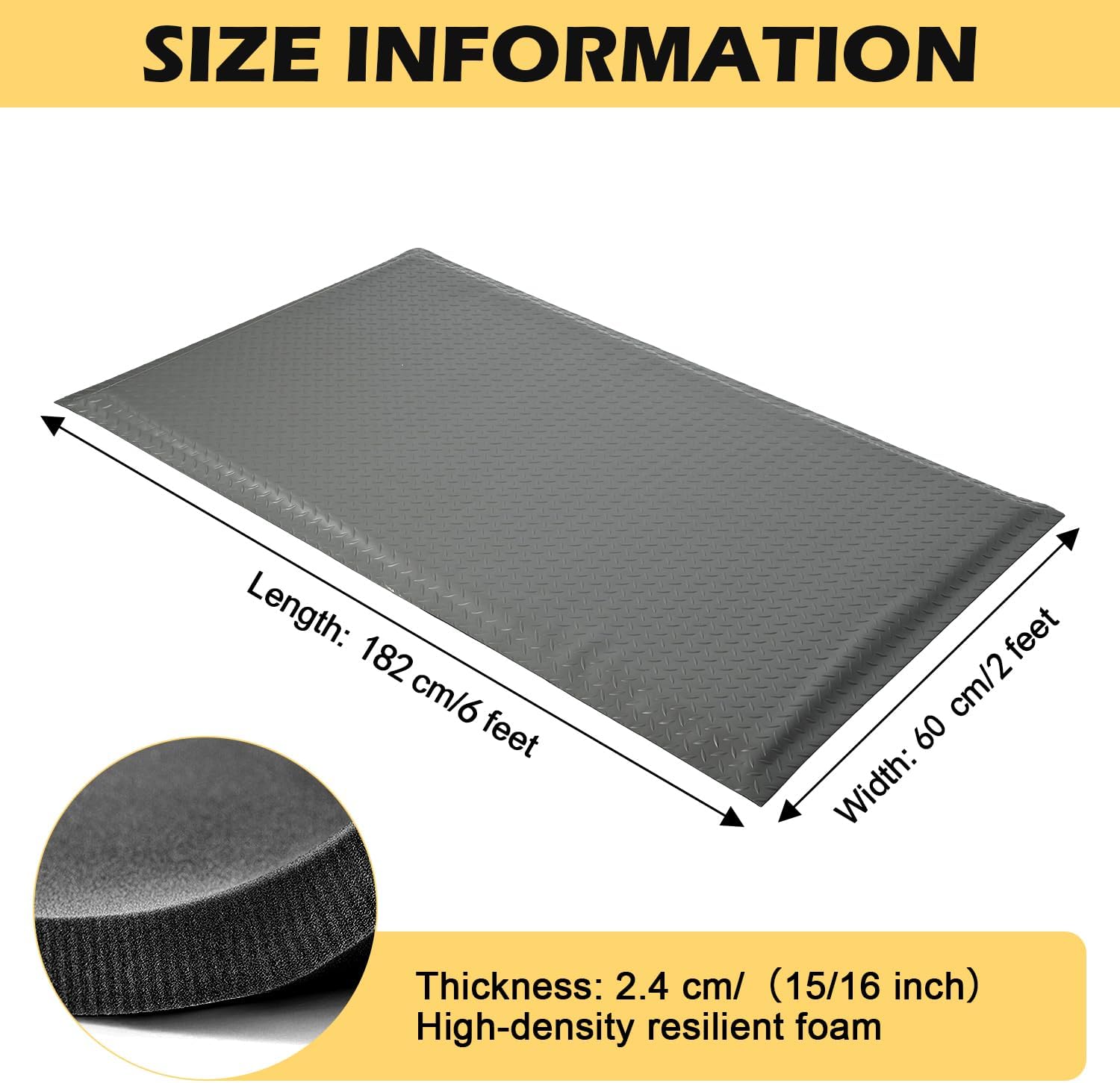 2 x 6 FT Anti Fatigue Mats Industrial 15/16 Inch Thick Soft Sponge Ergonomic Mat Durable Heavy Duty Diamond Plate for Standing Non Slip Industrial Grade Floor Mat for Leg & Back Pain (Gray)