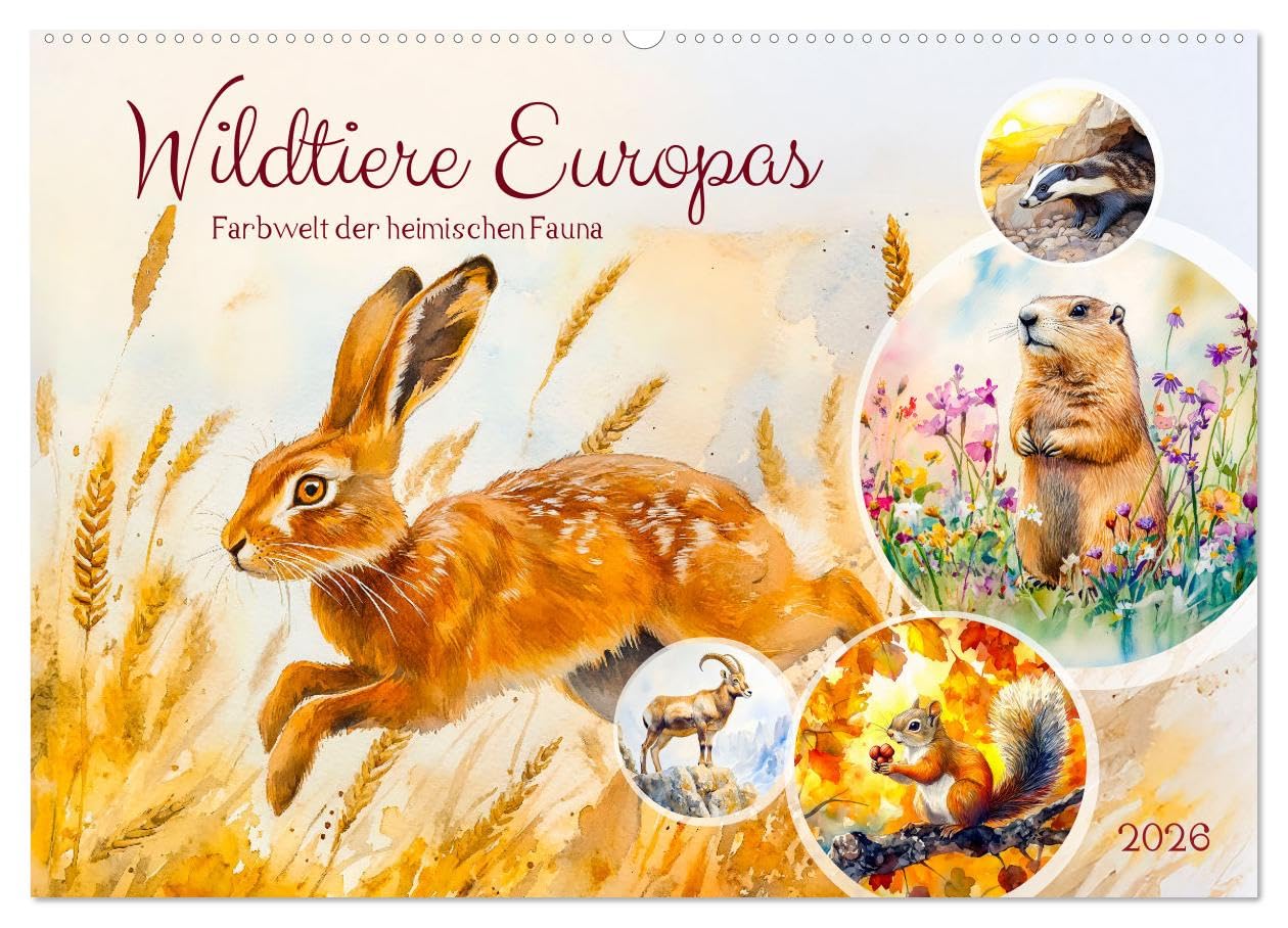 Wildtiere Europas - Farbwelt der heimischen Fauna (Wandkalender 2026 DIN A2 quer), CALVENDO Monatskalender: Entdecken Sie die magische Tierwelt in bezaubernden KI-Aquarellen (CALVENDO Tiere)