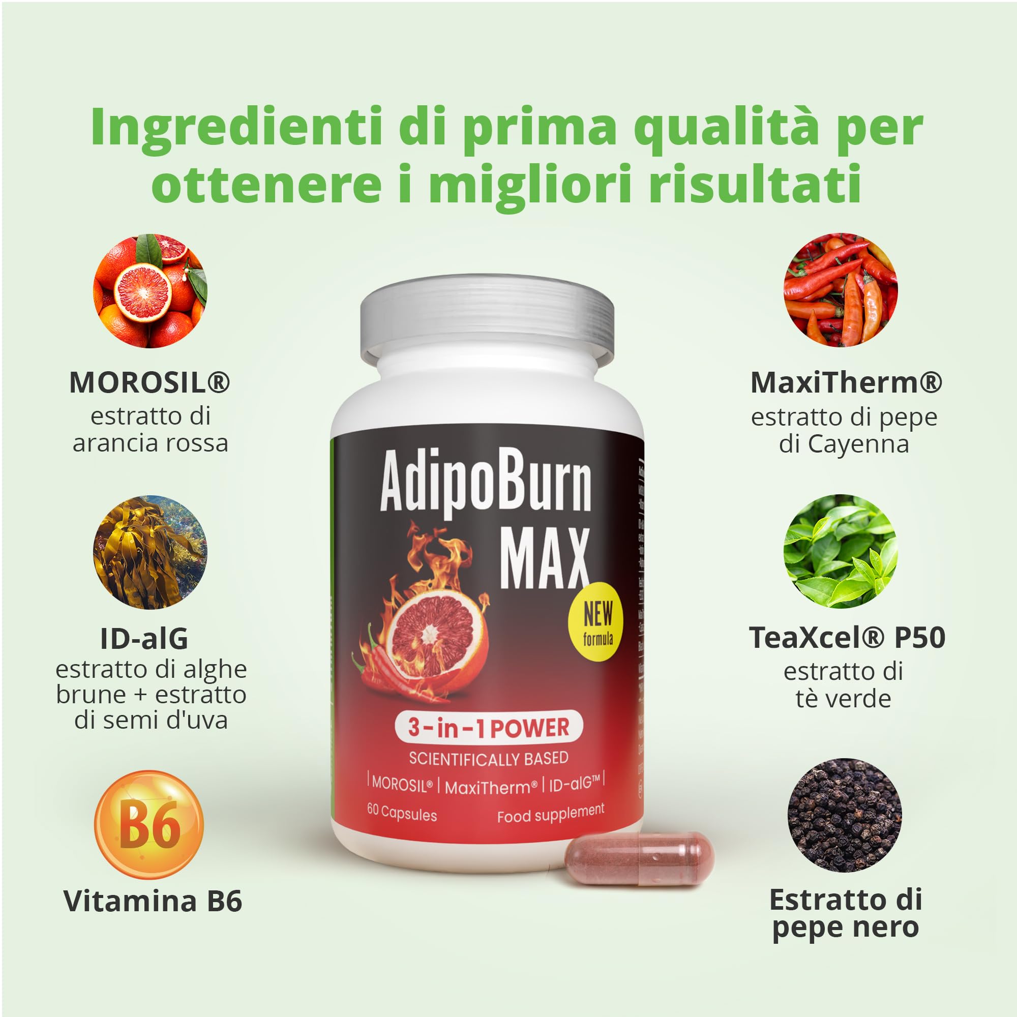 Morosil 400 mg, Alga bruna, Vitamina C, Iodio, Tè verde, Pepe di cayenna, Vitamina B6 - Slimmium AdipoBurn MAX, 60 capsule di Sensilab
