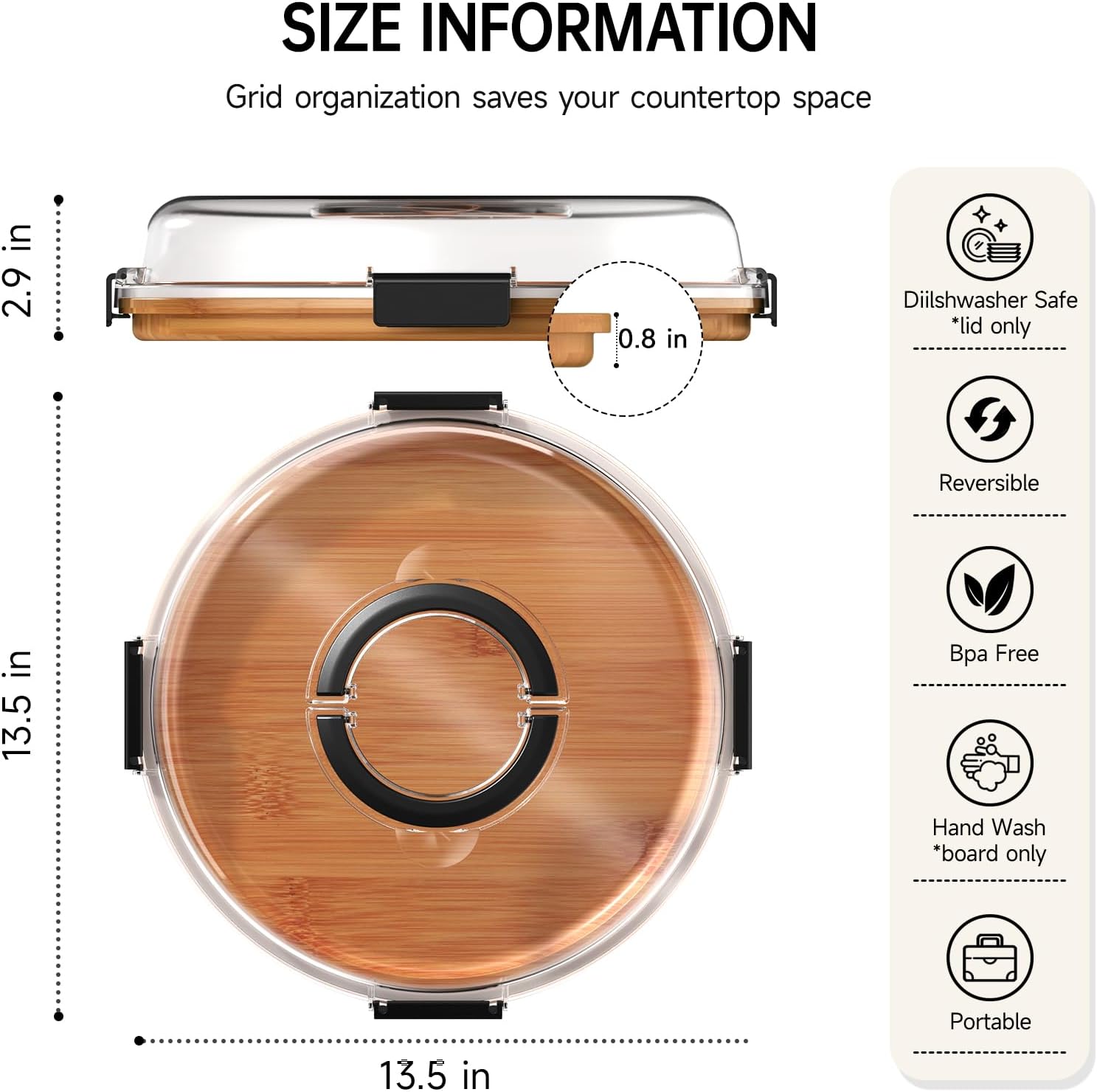 Round Charcuterie Board with Clear Lid, Travel Picnic Portable Cheese Board Charcuterie Boxes, Meat Fruit Serving Tray Platter, House Warming Gifts New Home, Gifts for Women - Image 2