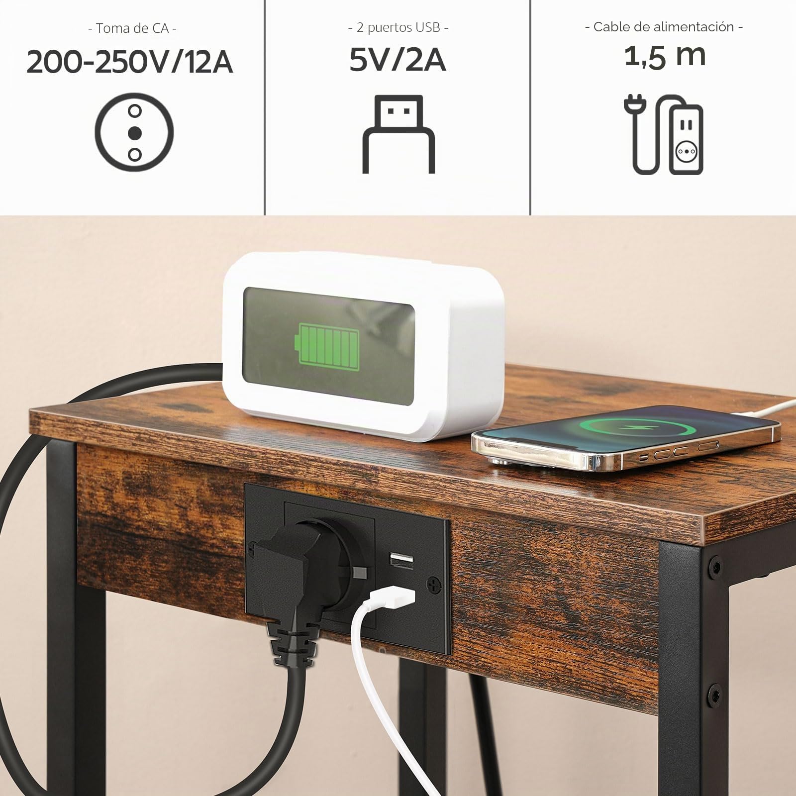 HOOBRO Mesa de Centro Alta con Estación de Carga, Mesa de Teléfono de 2 Niveles con Estante de Malla, Mesa de Sofá Estrecha con Puerto USB y Enchufe, Marrón Rústico y Negro EBF08CDH01