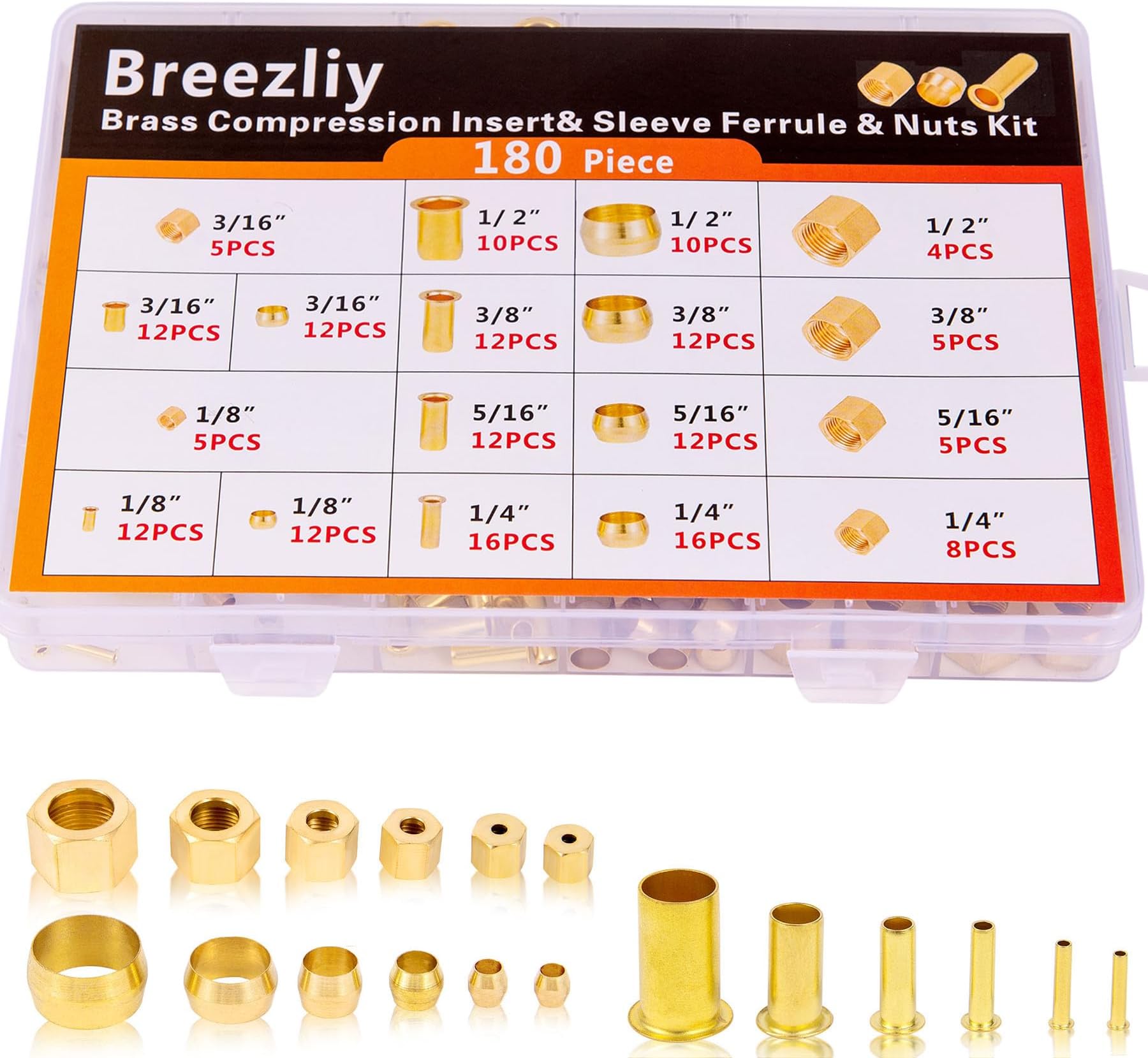 6 Sizes(1/8",3/16",1/4",3/8",5/16",1/2") of Brass Compression Sleeve Ferrule & Insert-Used to Connect Lines for air,Water,Fuel,Oil and inert Gases