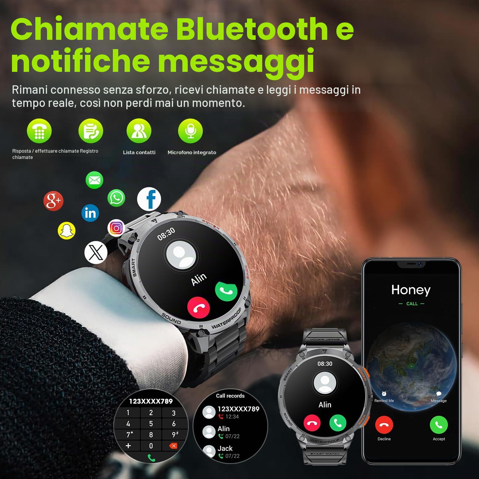 Smartwatch Uomo 1.85" HD Orologio con Effettua/Risposta Chiamate,730mAh IP68 Impermeabile Fitness Tracker con Torcia a LED,24/7 Frequenza Cardiaca SpO2 Monitor del sonno per iOS Android