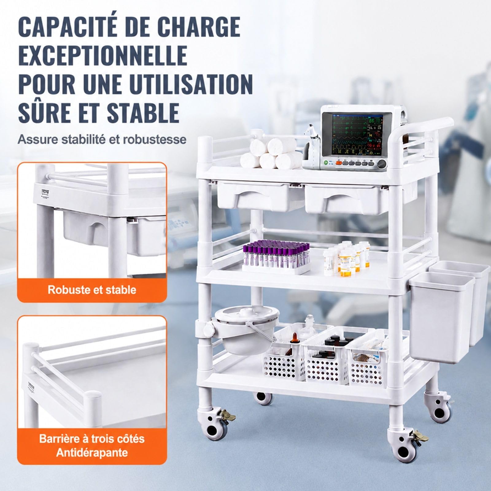Chariot de Laboratoire Blanc à 3 Niveaux avec 3 poubelles pour Rangement et Transport